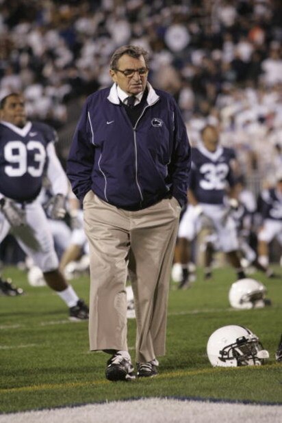 UNIVERSITY PARK, PA - OCTOBER 27: Head Coach Joe Paterno of the Penn State Nittany Lions walks among his players during warmups before the game against the Ohio State Buckeyes at Beaver Stadium on October 27, 2007 in University Park, Pennsylvania. Ohio St