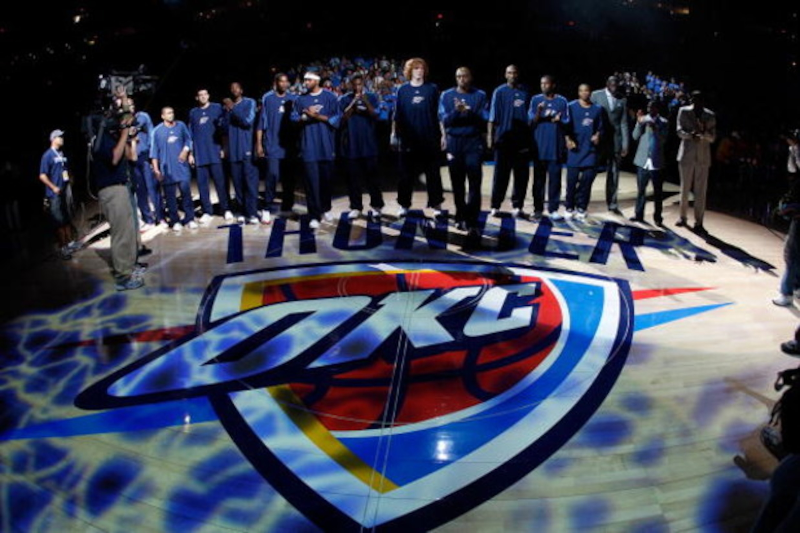 OKLAHOMA CITY - OCTOBER 29: The Oklahoma City Thunder are introduced before playing the Milwaukee Bucks at the Ford Center October 29, 2008 in Oklahoma City, Oklahoma. NOTE TO USER: User expressly acknowledges and agrees that, by downloading and/or using 
