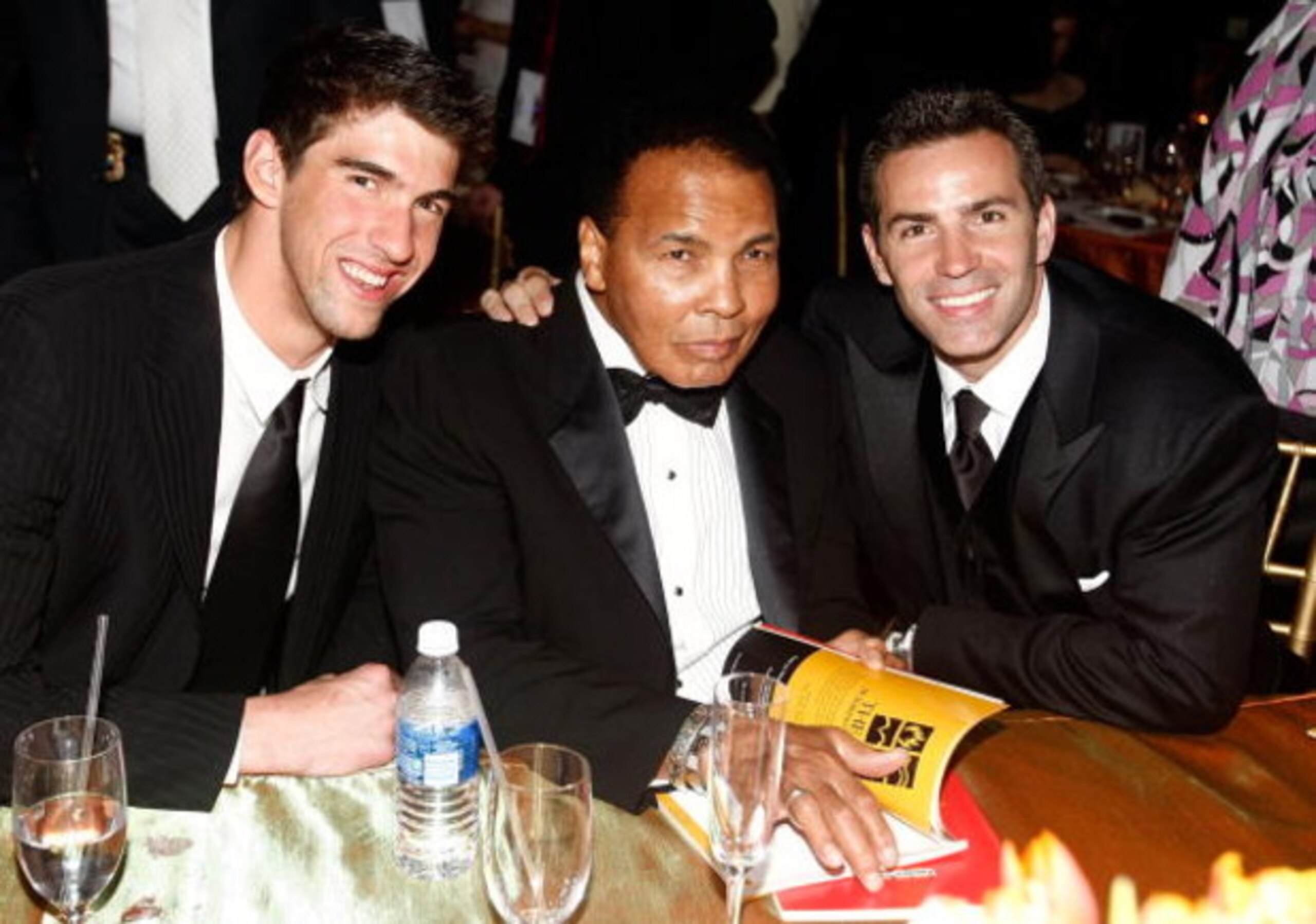 PHOENIX - MARCH 28: (L-R) Michael Phelps, Muhammad Ali and Kurt Warner pose during Muhammad Ali's Celebrity Fight Night XV held at the JW Marriott Desert Ridge Resort & Spa on March 28, 2009 in Phoenix, Arizona.  (Photo by Michael Buckner/Getty Images for