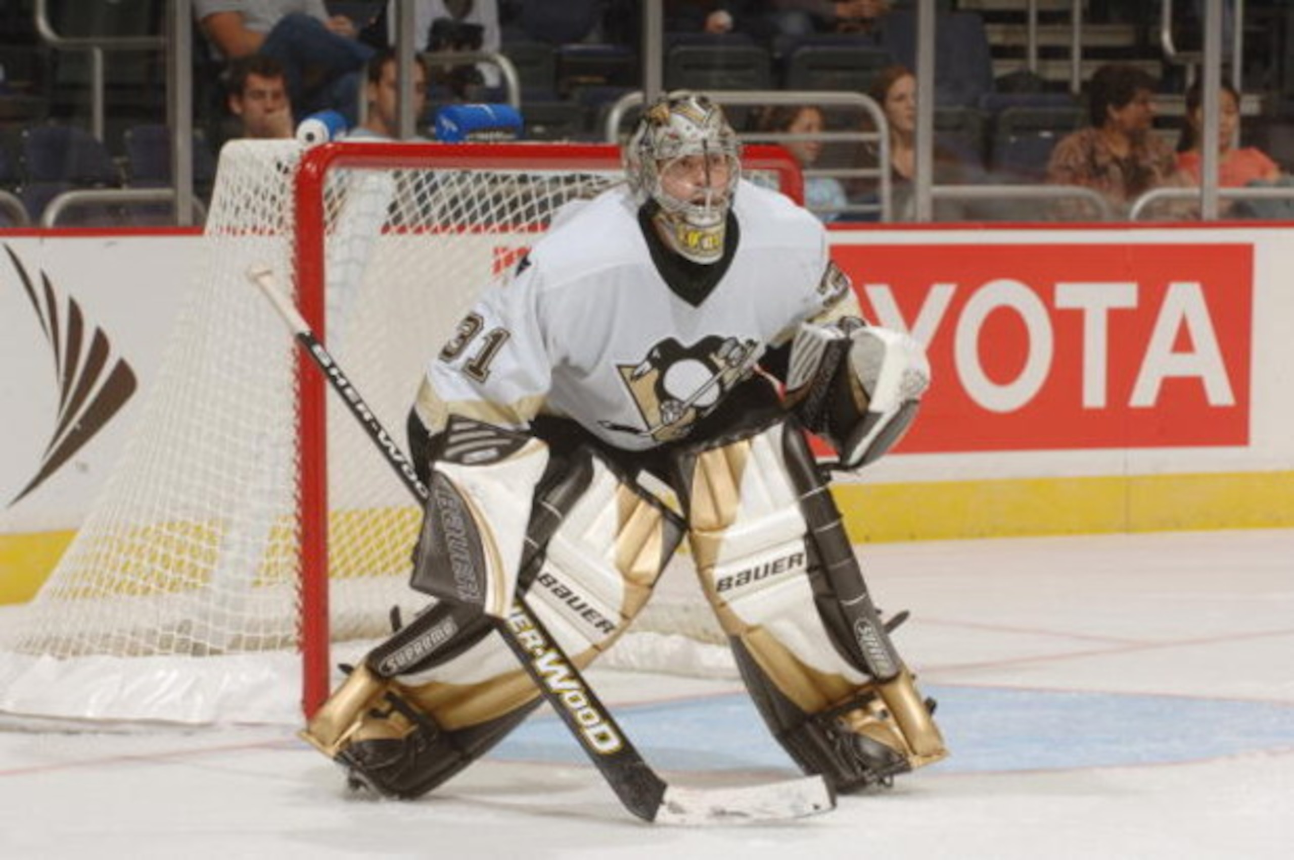 WASHINGTON - SEPTEMBER 30:  Goaltender Sebastien Caron #31 of the Pittsburgh Penguins gets set for a shot against the Washington Capitals during their preseason NHL game on September 30, 2005 at MCI Center in Washington, DC. (Photo by Mitchell Layton/Gett