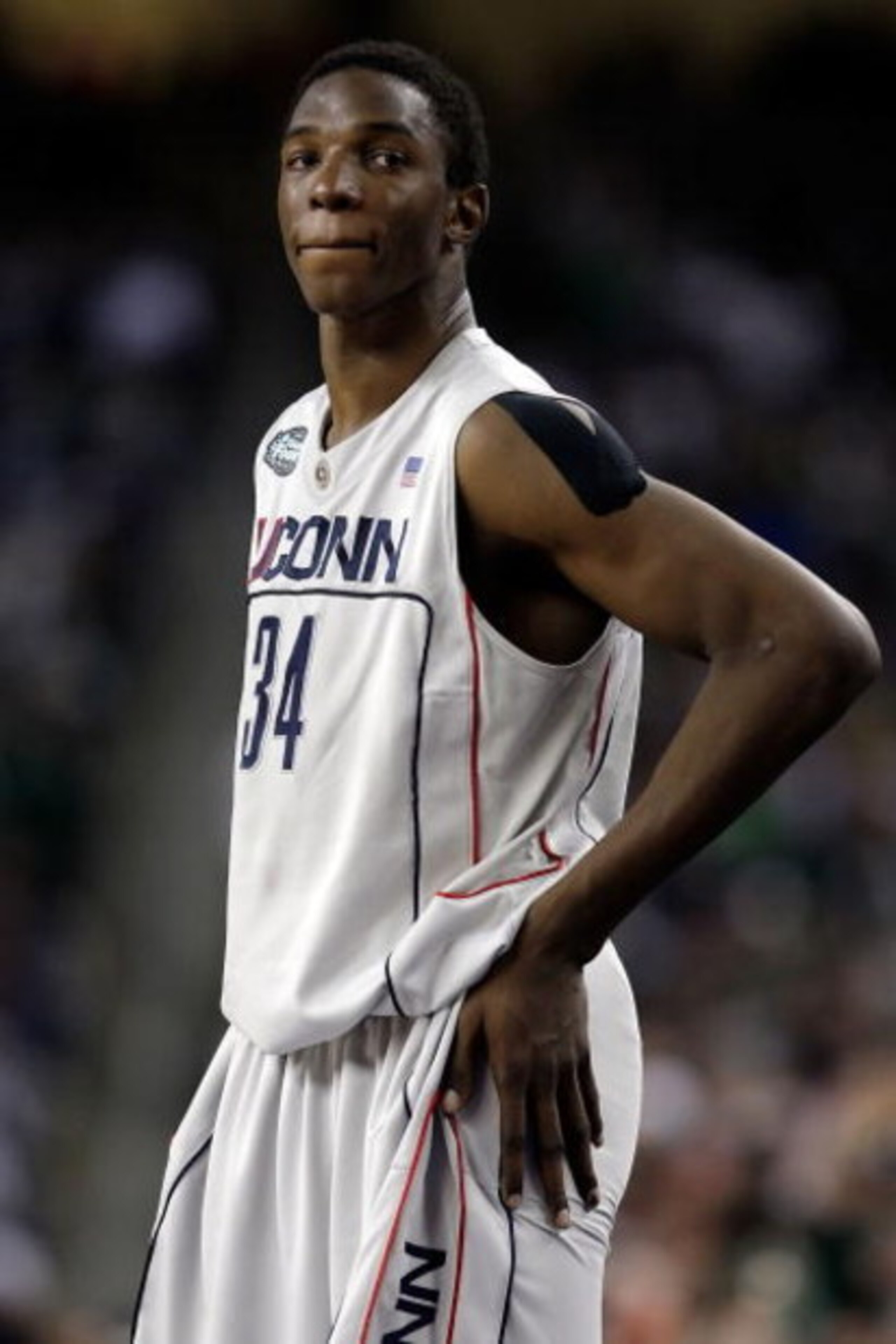 DETROIT - APRIL 04:  Hasheem Thabeet #34 of the Connecticut Huskies looks on while taking on the Michigan State Spartans during the National Semifinal game of the NCAA Division I Men's Basketball Championship at Ford Field on April 4, 2009 in Detroit, Mic