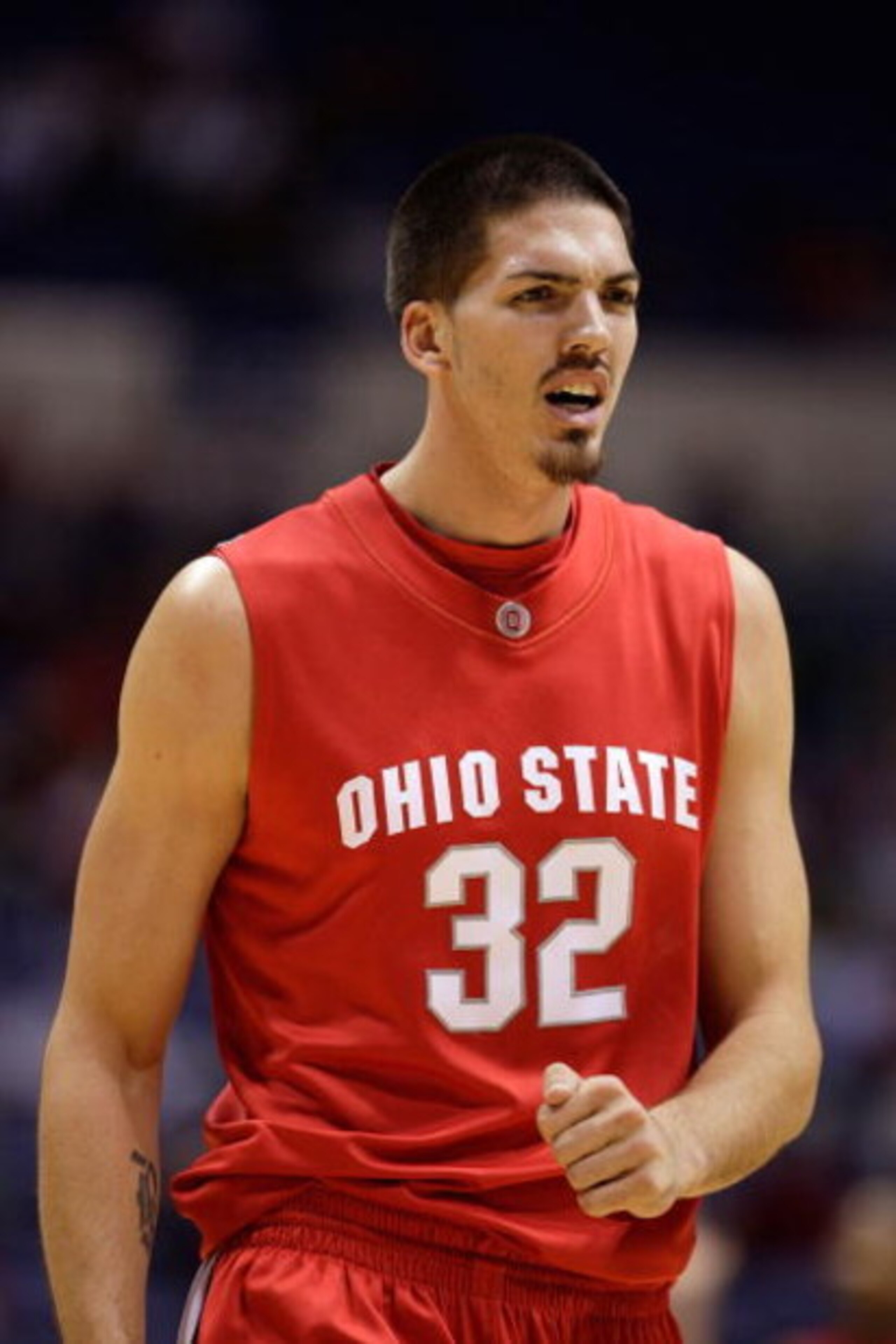 INDIANAPOLIS - DECEMBER 06:  B.J. Mullens #32 of the Ohio State Buckeyes reacts against the Notre Dame Fighting Irish during the Hartford Hall of Fame Showcase on December 6, 2008 in Indianapolis, Indiana. Ohio St. won 67-62. (Photo by Andy Lyons/Getty Im