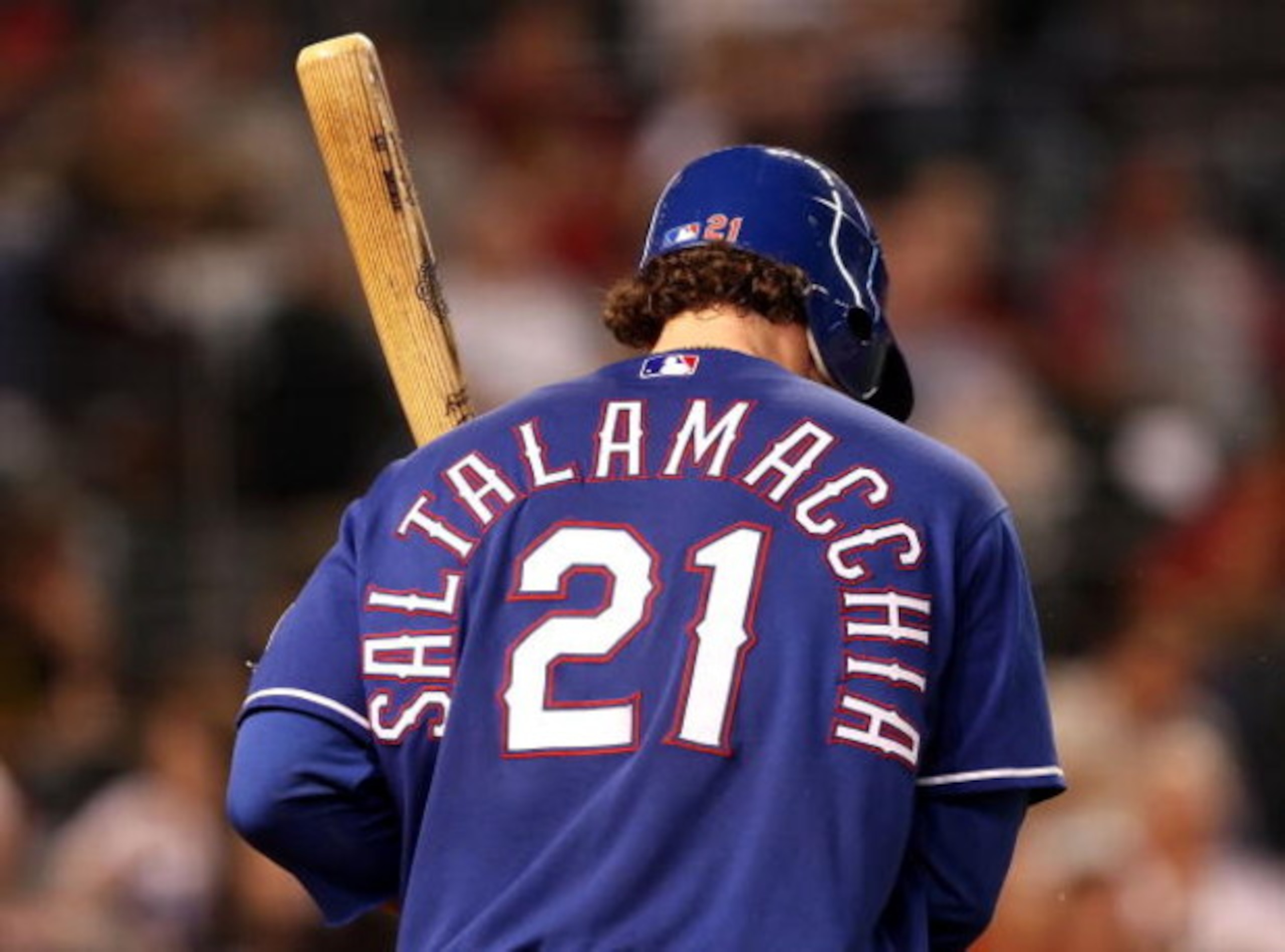 PHOENIX - JUNE 23: Jarrod Saltalamacchia #21 of the Texas Rangers warms up on deck during the major league baseball game against the Arizona Diamondbacks at Chase Field on June 23, 2009 in Phoenix, Arizona. The Diamondbacks defeated the Rangers 8-2. (Ph PHOENIX - JUNE 23: Jarrod Saltalamacchia #21 of the Texas Rangers warms up on deck during the major league baseball game against the Arizona Diamondbacks at Chase Field on June 23, 2009 in Phoenix, Arizona. The Diamondbacks defeated the Rangers 8-2. (Ph