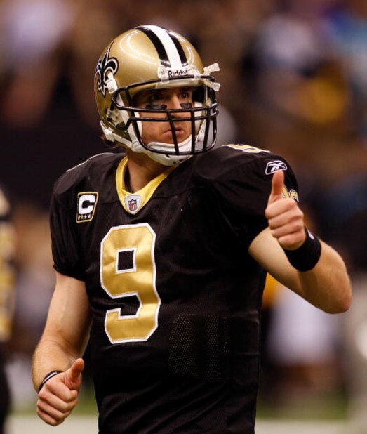NEW ORLEANS - DECEMBER 28:  Quarterback Drew Brees #9 of the New Orleans Saints looks on during the game against the Carolina Panthers on December 28, 2008 at the Superdome in New Orleans, Louisiana.  (Photo by Chris Graythen/Getty Images)