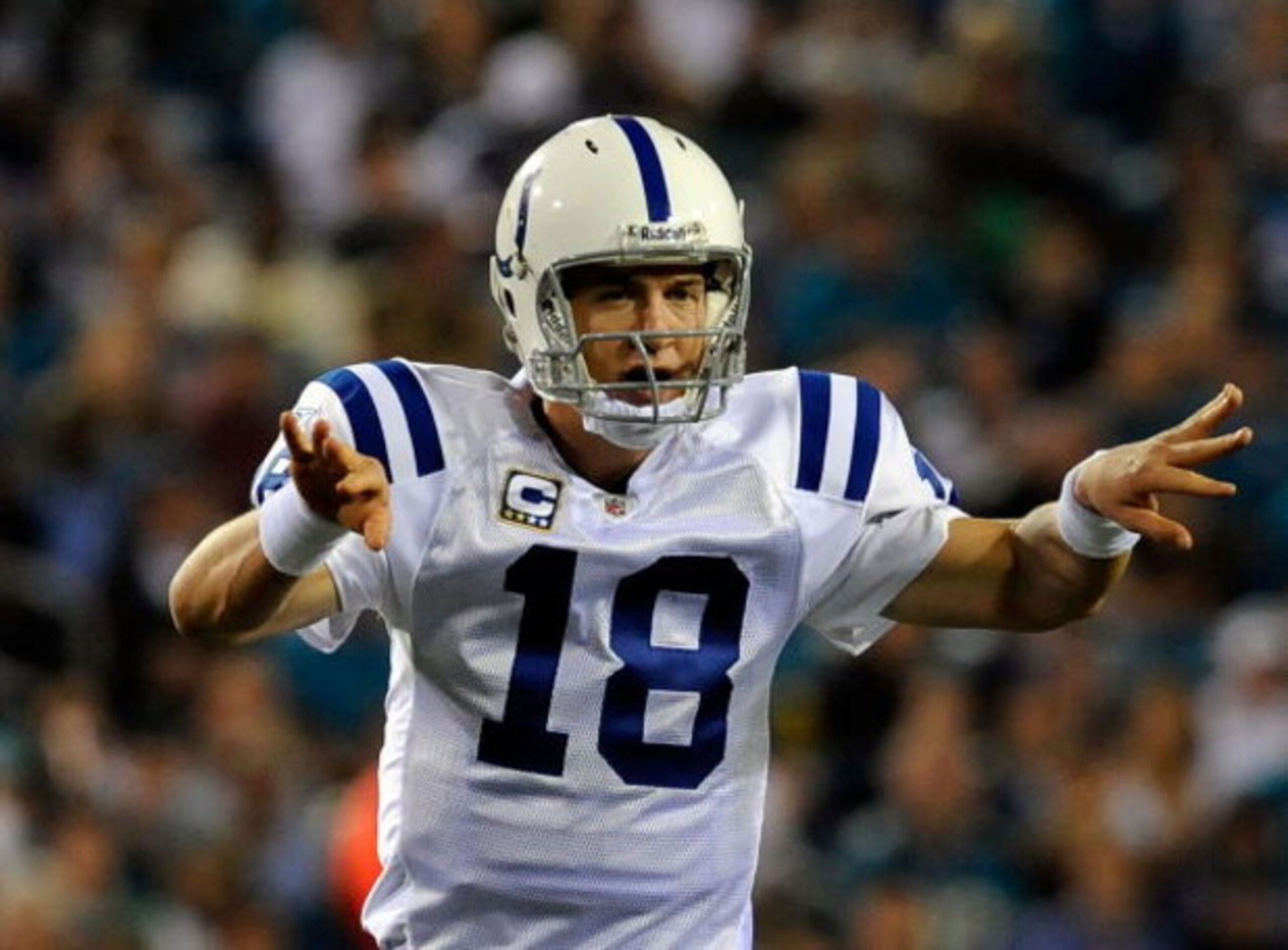 JACKSONVILLE, FL - DECEMBER 18:  Peyton Manning #18 of the Indianapolis Colts calls a signal during the game against the Jacksonville Jaguars at Jacksonville Municipal Stadium on December 18, 2008 in Jacksonville, Florida.  (Photo by Sam Greenwood/Getty I