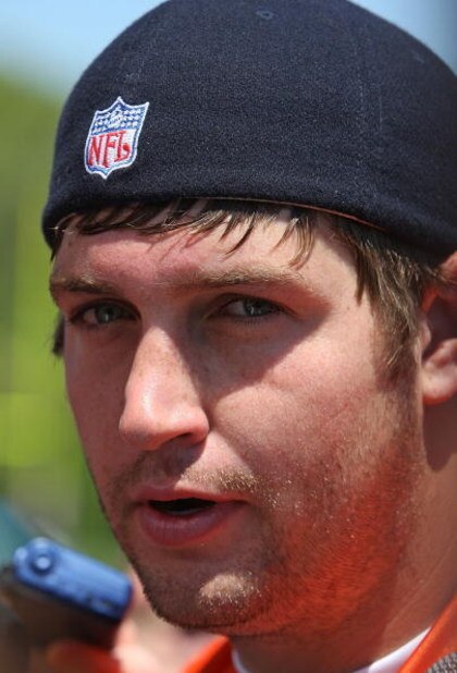LAKE FOREST, IL - MAY 20: Jay Cutler #6 of the Chicago Bears meets with members of the media following an organized team activity (OTA) practice on May 20, 2009 at Halas Hall in Lake Forest, Illinois.  (Photo by Jonathan Daniel/Getty Images)