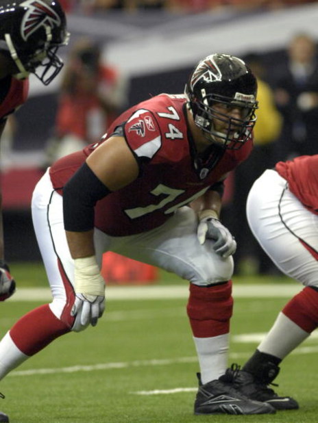 ATLANTA, GA - SEPTEMBER 30: Tackle Todd Weiner #74 of the Atlanta Falcons sets to block against the Houston Texans at the Georgia Dome on September 30, 2007 in Atlanta, Georgia.  The Falcons won 26-16.  (Photo by Al Messerschmidt/Getty Images)