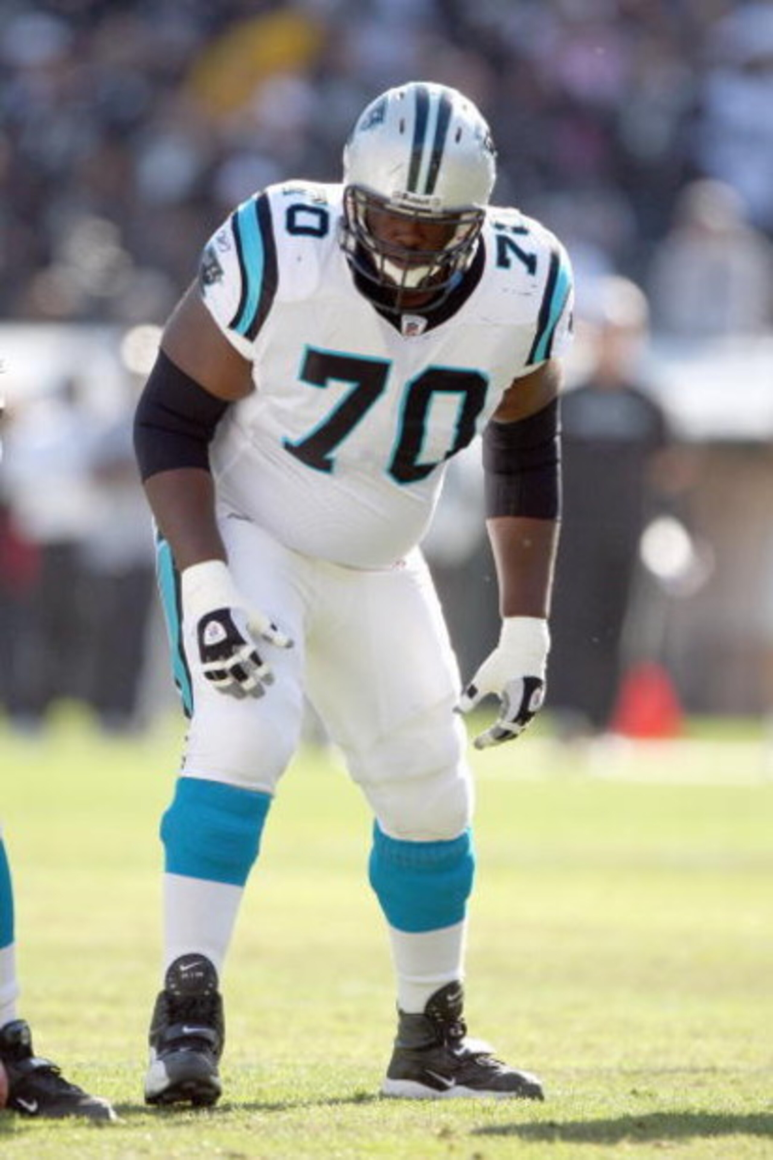 OAKLAND - NOVEMBER 9: Travelle Wharton #70 of the Carolina Panthers gets ready on the field during the game against the Oakland Raiders at the Oakland-Alameda County Coliseum on November 9, 2008 in Oakland, California. (Photo by: Jed Jacobsohn/Getty Image