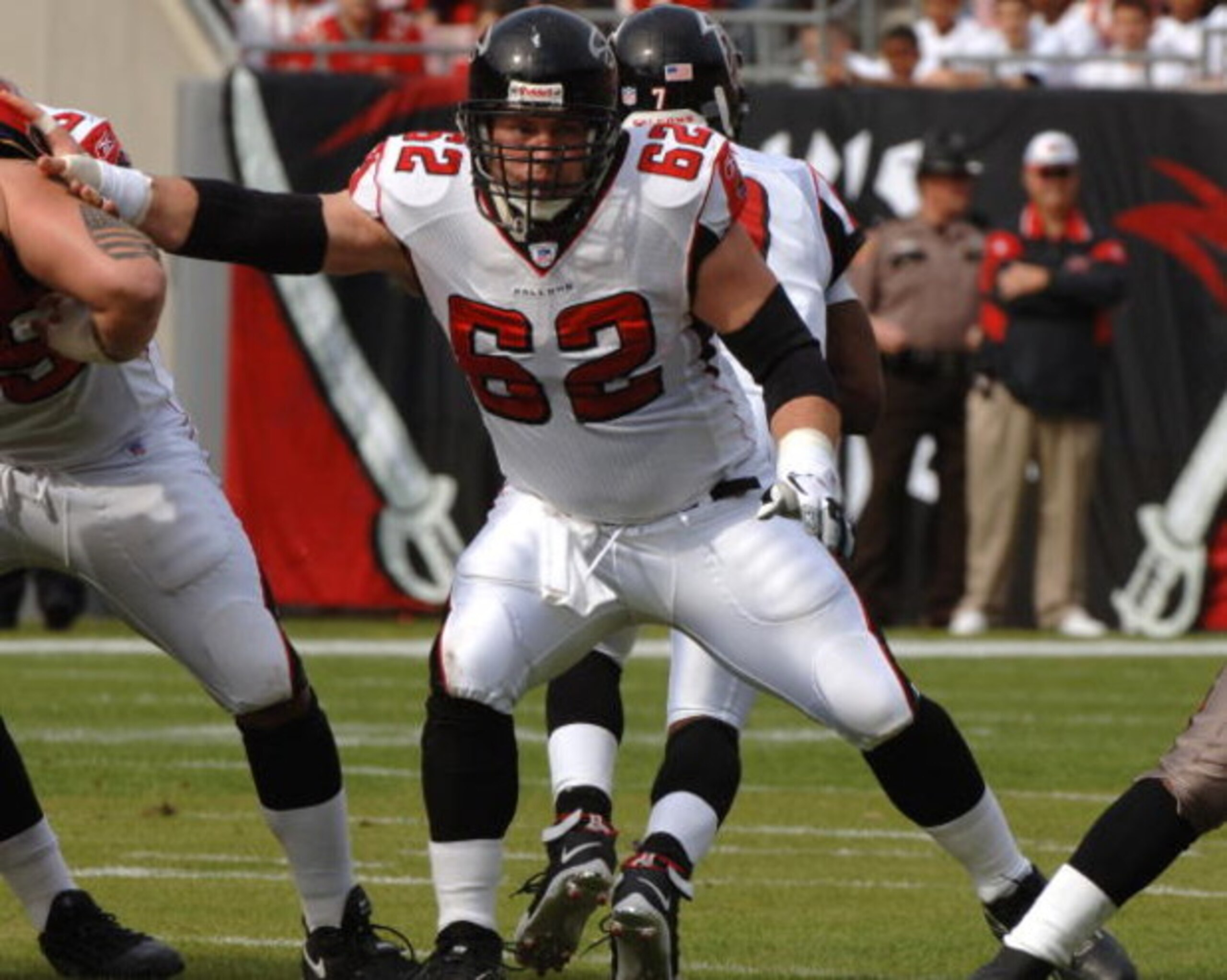 Atlanta Falcons center Todd McClure sets to block against the Tampa Bay Buccaneers  December 24, 2005 in Tampa.  The Bucs defeated the Falcons 27 - 24 in overtime.  (Photo by Al Messerschmidt/Getty Images)