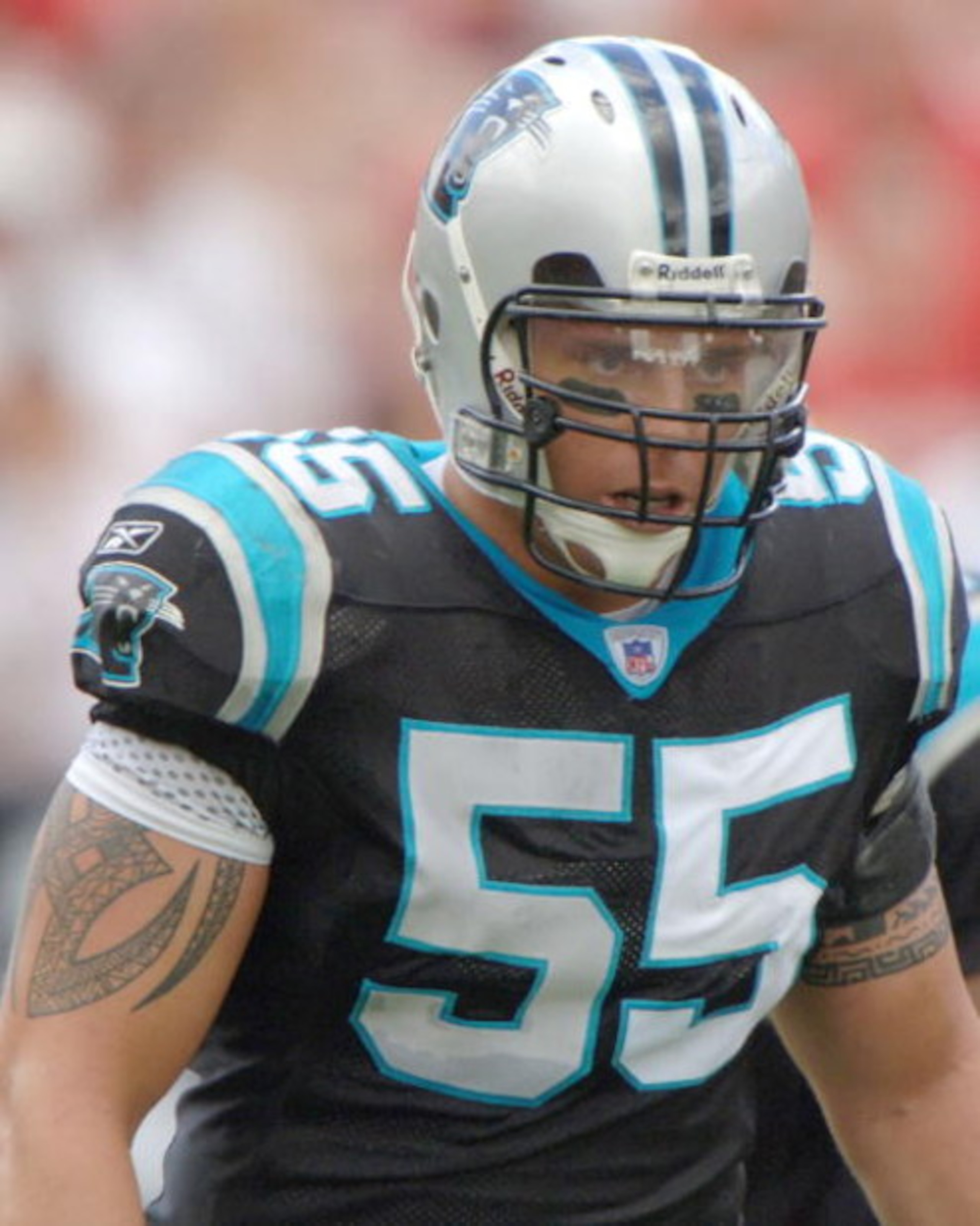 Carolina Panthers linebacker Dan Morgan sets on defense  against the Tampa Bay Buccaneers November 6, 2005 in Tampa.  The Panthers defeated the Bucs 34 - 14.  (Photo by Al Messerschmidt/Getty Images)