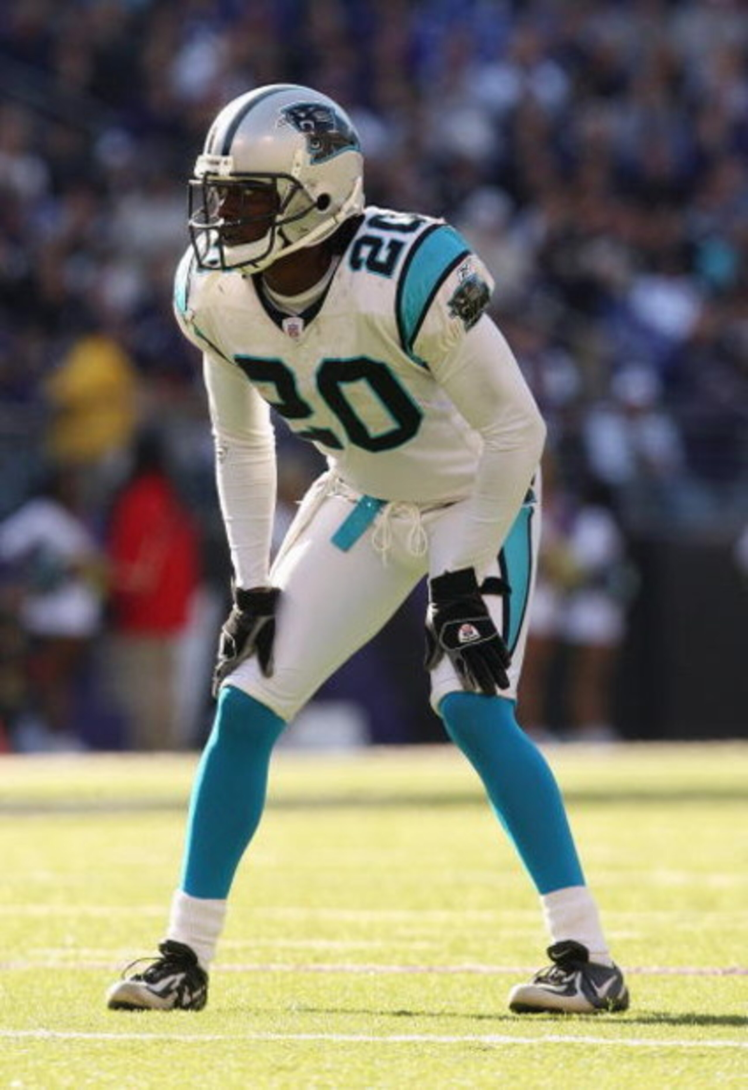 BALTIMORE - OCTOBER 15:  Chris Gamble #20 of the Carolina Panthers gets set in his position during the game against the Baltimore Ravens on October 15, 2006 at M & T Bank Stadium in Baltimore, Maryland. (Photo by Nick Laham/Getty Images)