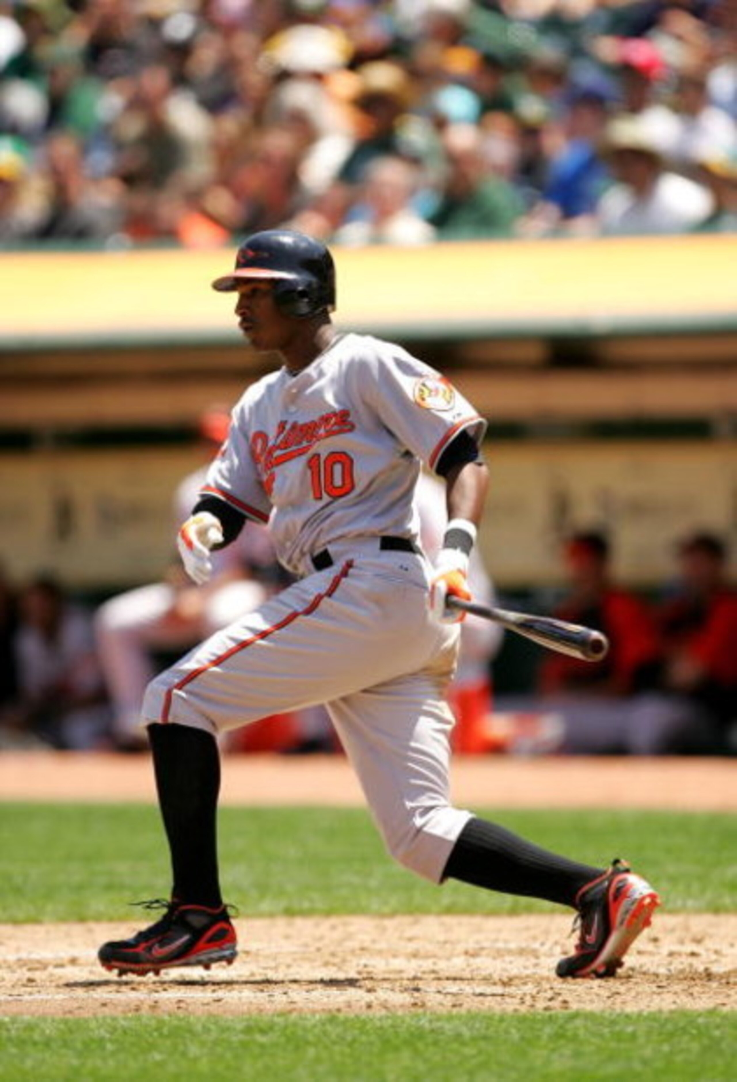 OAKLAND, CA - JUNE 07:  Adam Jones #10 of the Baltimore Orioles bats against the Oakland Athletics at the Oakland Coliseum on June 7, 2009 in Oakland, California.  (Photo by Ezra Shaw/Getty Images)