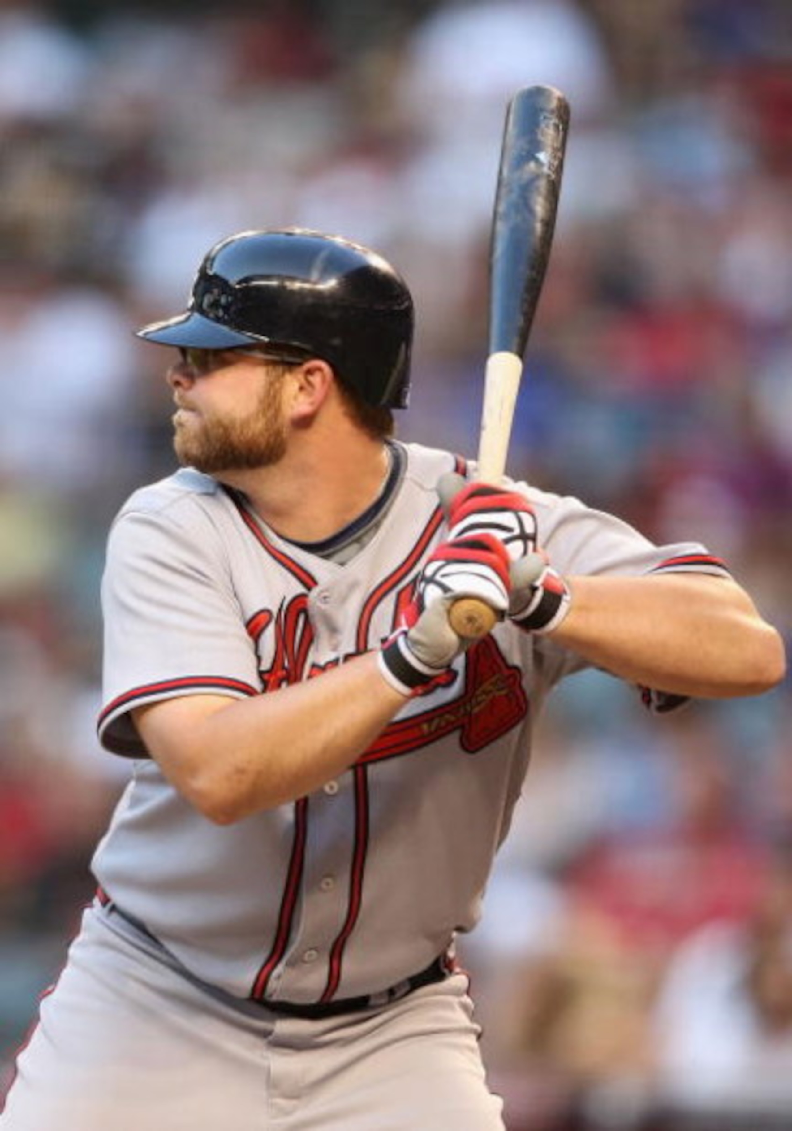 PHOENIX - MAY 28:  Brian McCann #16 of the Atlanta Braves at bat during the major league baseball game against the Arizona Diamondbacks at Chase Field on May 28, 2009 in Phoenix, Arizona. The Diamondbacks defeated the Braves 5-2  (Photo by Christian Peter