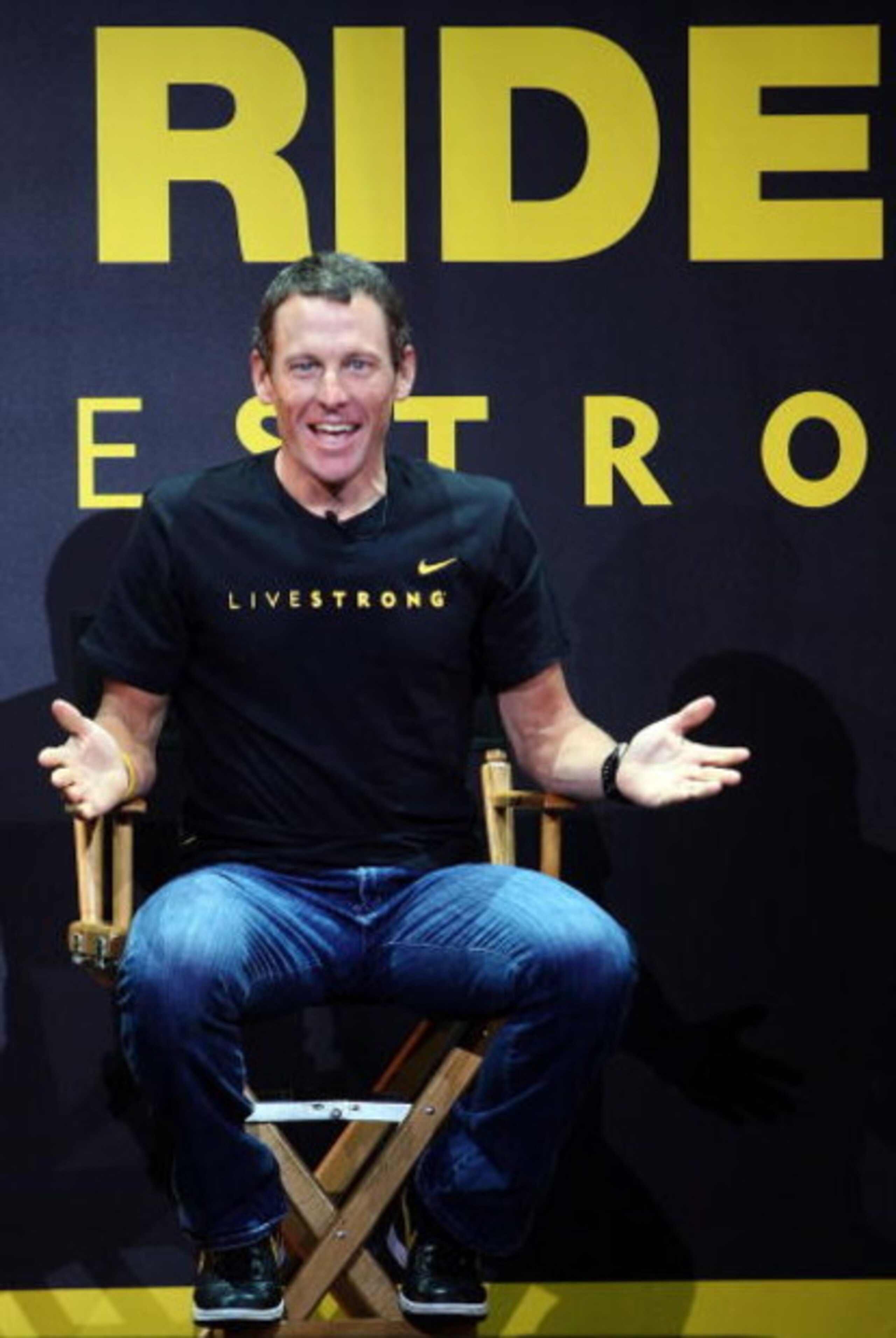 HOLLYWOOD - MARCH 07:  Seven time Tour de France winner Lance Armstrong speaks at the launch of a Nike and the Lance Armstrong Foundation's Global Art Exhibition at Montalban Theater, March 7, 2009 in Hollywood, California. The Exhibition was aimed at rai