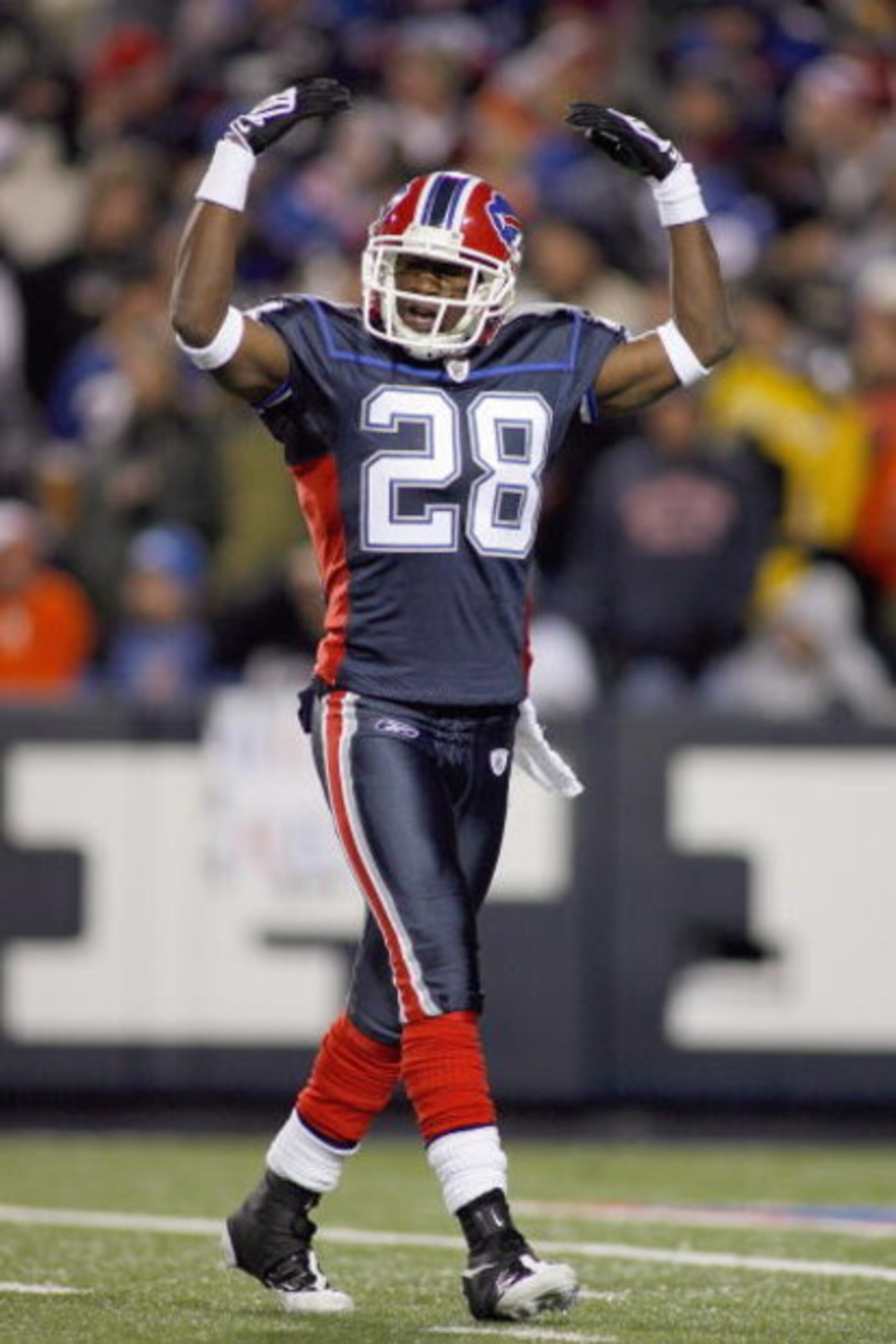 ORCHARD PARK - NOVEMBER 17:  Leodis McKelvin #28 of the Buffalo Bills reacts on the field during the game against the Cleveland Browns on November 17, 2008 at Ralph Wilson Stadium in Orchard Park, New York. (Photo by: Rick Stewart/Getty Images)