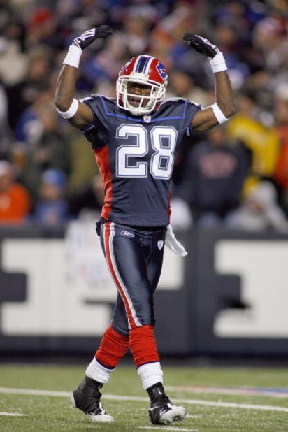 ORCHARD PARK - NOVEMBER 17:  Leodis McKelvin #28 of the Buffalo Bills reacts on the field during the game against the Cleveland Browns on November 17, 2008 at Ralph Wilson Stadium in Orchard Park, New York. (Photo by: Rick Stewart/Getty Images)