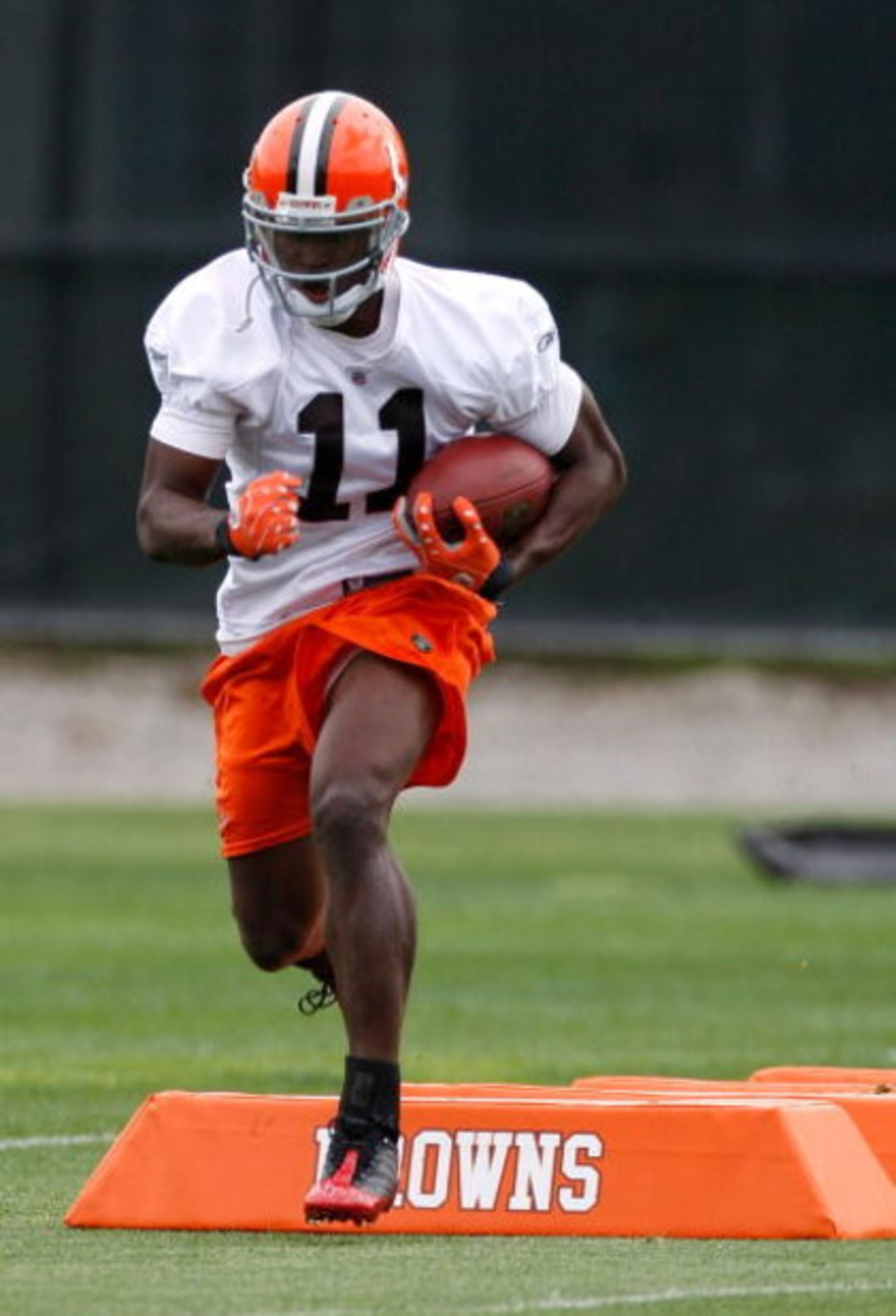 BEREA, OH - MAY 02:  Mohamed Massaquoi #11 of the Cleveland Browns runs a drill during rookie mini camp at the Cleveland Browns Training and Administrative Complex on May 2, 2009 in Berea, Ohio.  (Photo by Gregory Shamus/Getty Images)