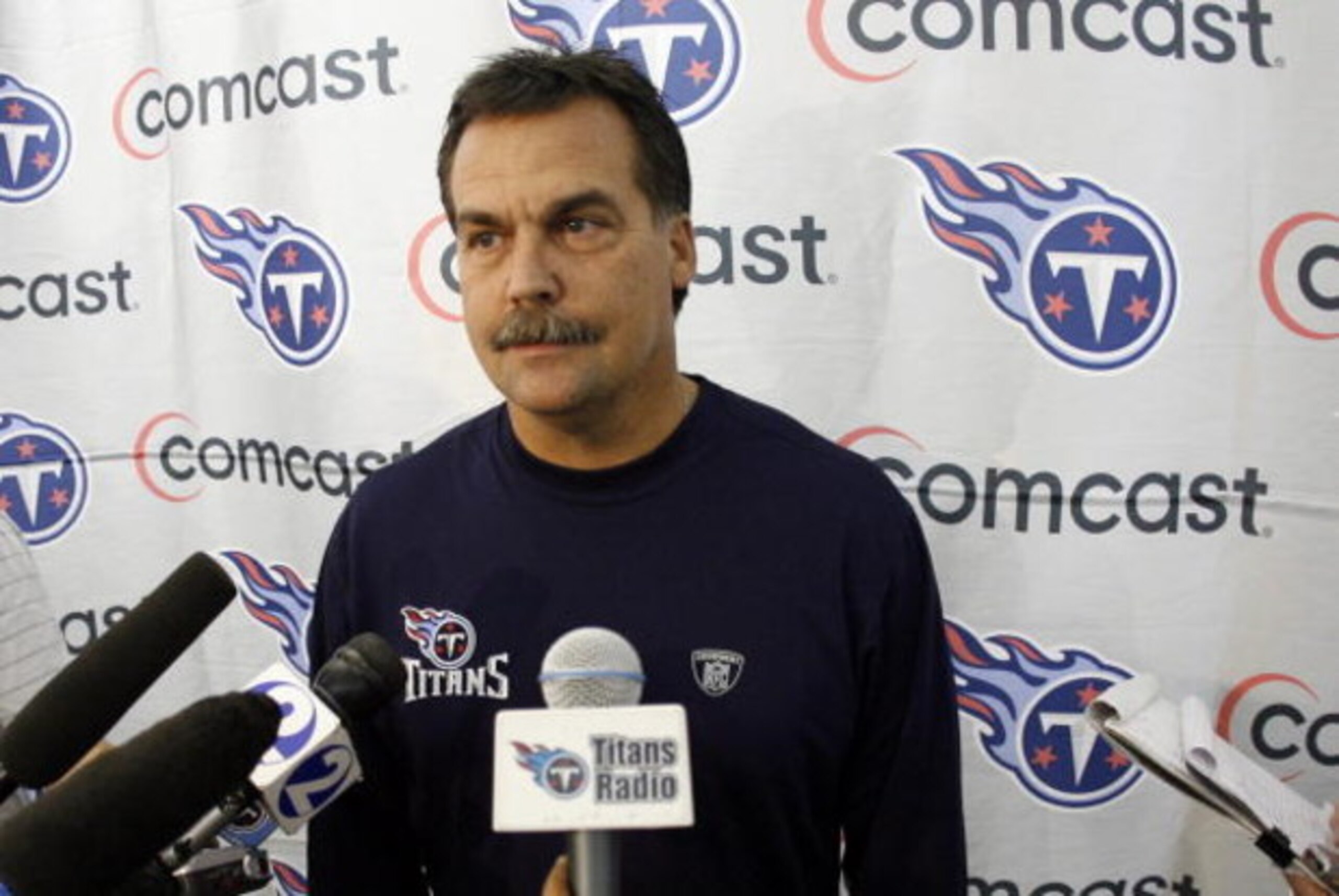 NASHVILLE, TN - MAY 1: Jeff Fisher, head coach of the Tennessee Titans addresses the media during the Tennessee Titans Minicamp on May 1, 2009 at Baptist Sports Park in Nashville, Tennessee. (Photo by Joe Murphy/Getty Images)