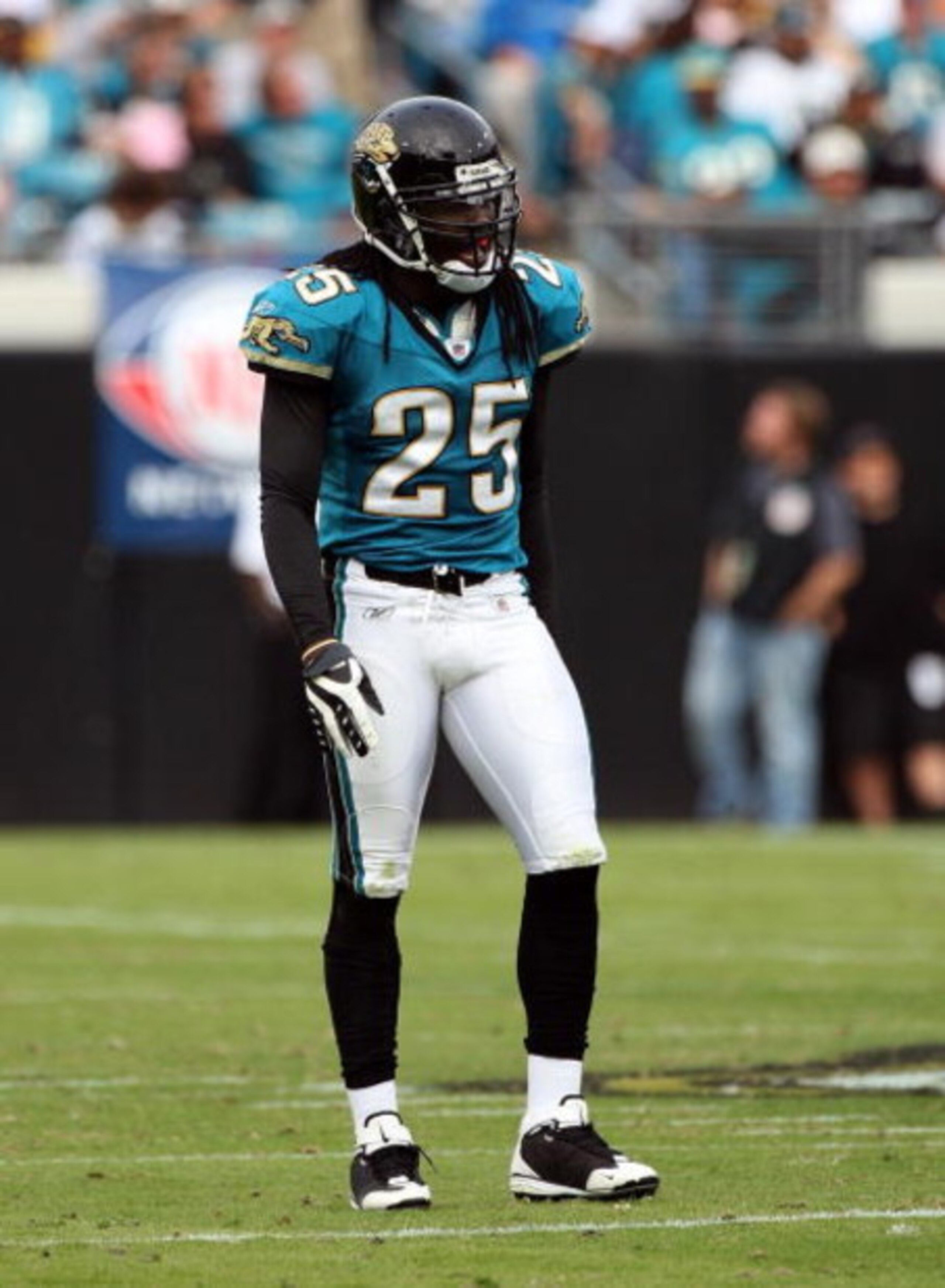 JACKSONVILLE, FL - DECEMBER 14:  Reggie Nelson #25 of the Jacksonville Jaguars lines up during the game against the Green Bay Packers at Jacksonville Municipal stadium on December 14, 2008 in Jacksonville, Florida.  (Photo by Sam Greenwood/Getty Images)