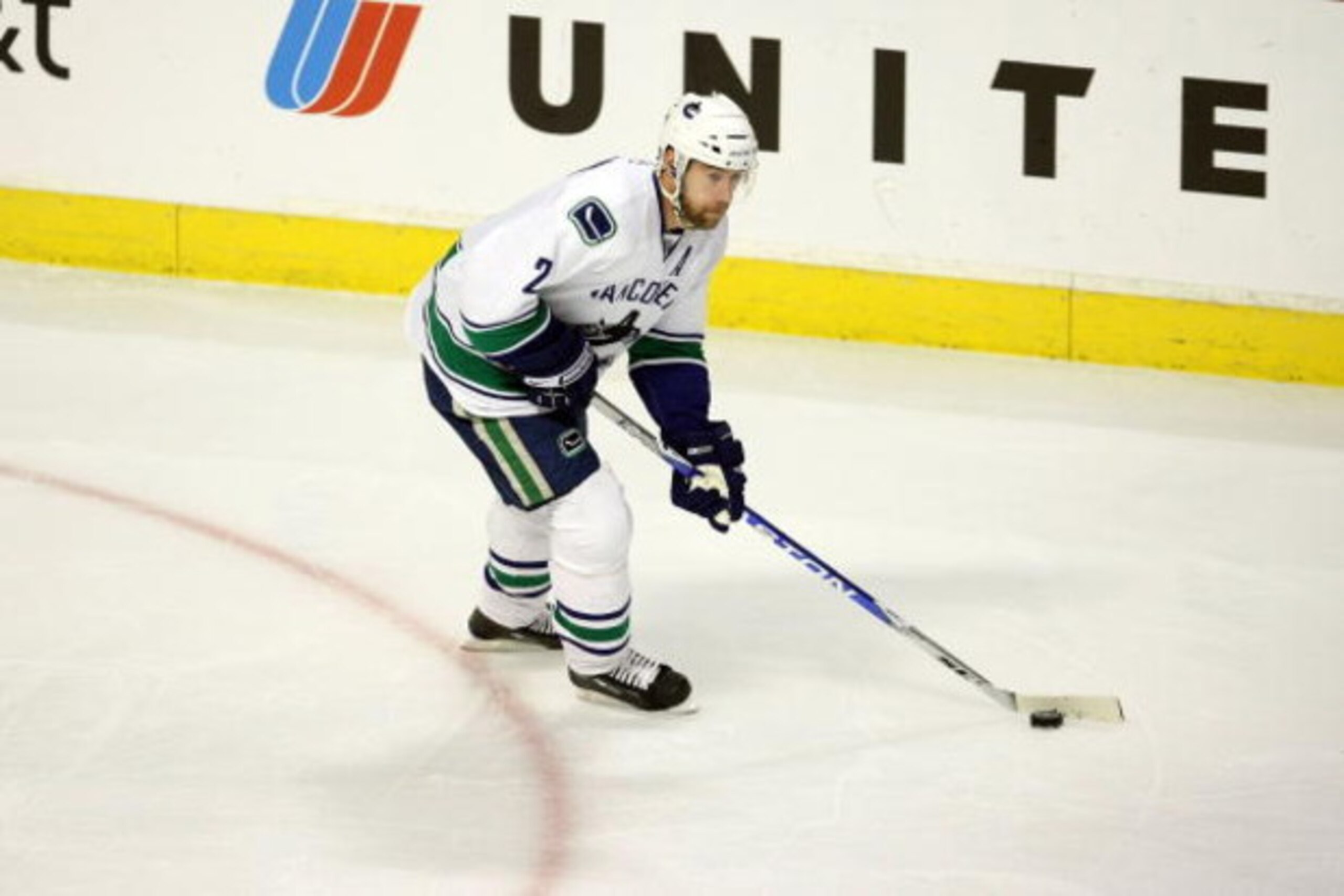 CHICAGO - MAY 05:  Mattias Ohlund #2 of the Vancouver Canucks skates with the puck against the Chicago Blackhawks during Game Three of the Western Conference Semifinal Round of the 2009 Stanley Cup Playoffs on May 5, 2009 at the United Center in Chicago, 