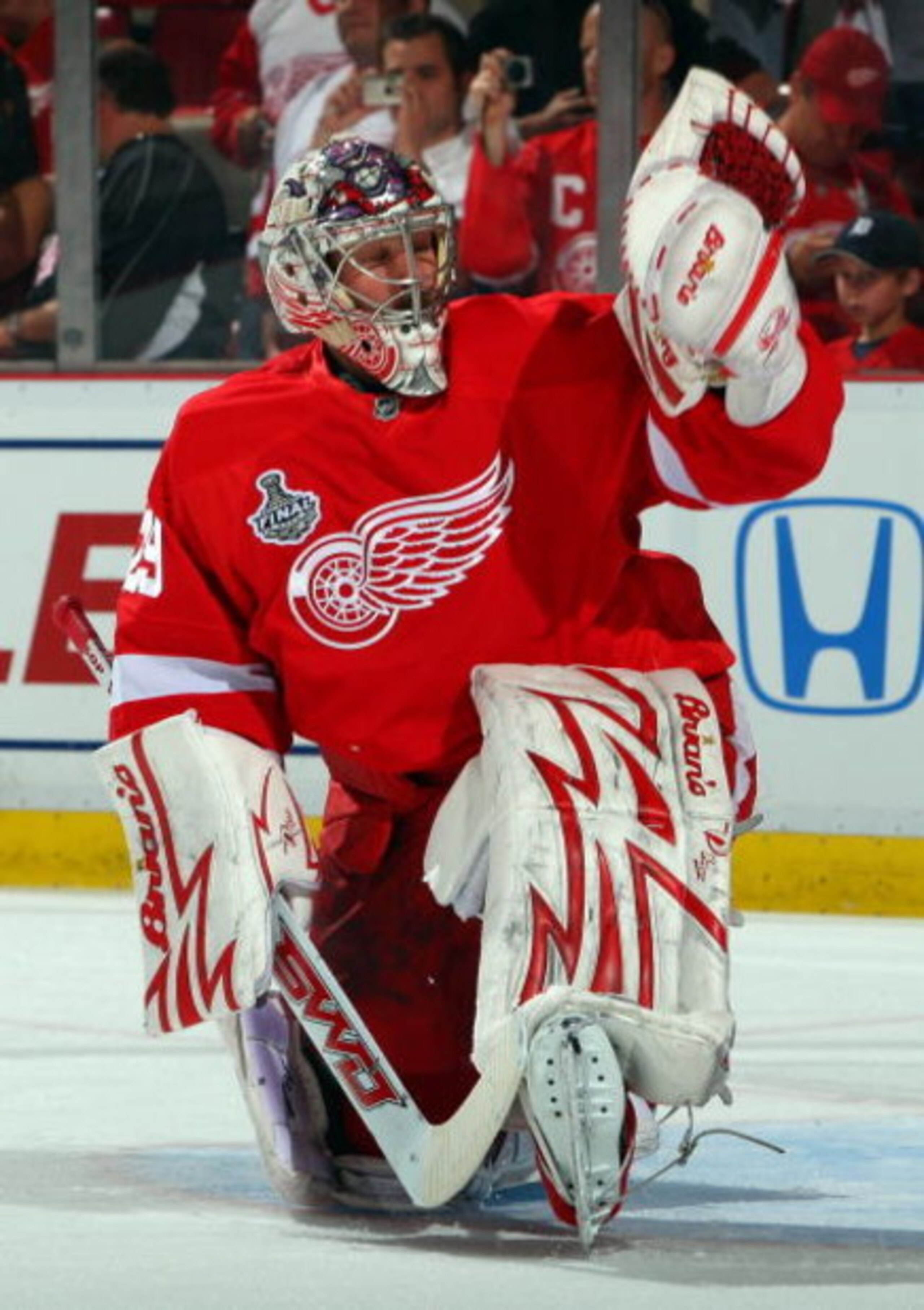 DETROIT - JUNE 12:  Ty Conklin #29 of the Detroit Red Wings warms up before playing against the Pittsburgh Penguins in Game Seven of the 2009 NHL Stanley Cup Finals at Joe Louis Arena on June 12, 2009 in Detroit, Michigan.  (Photo by Jim McIsaac/Getty Ima