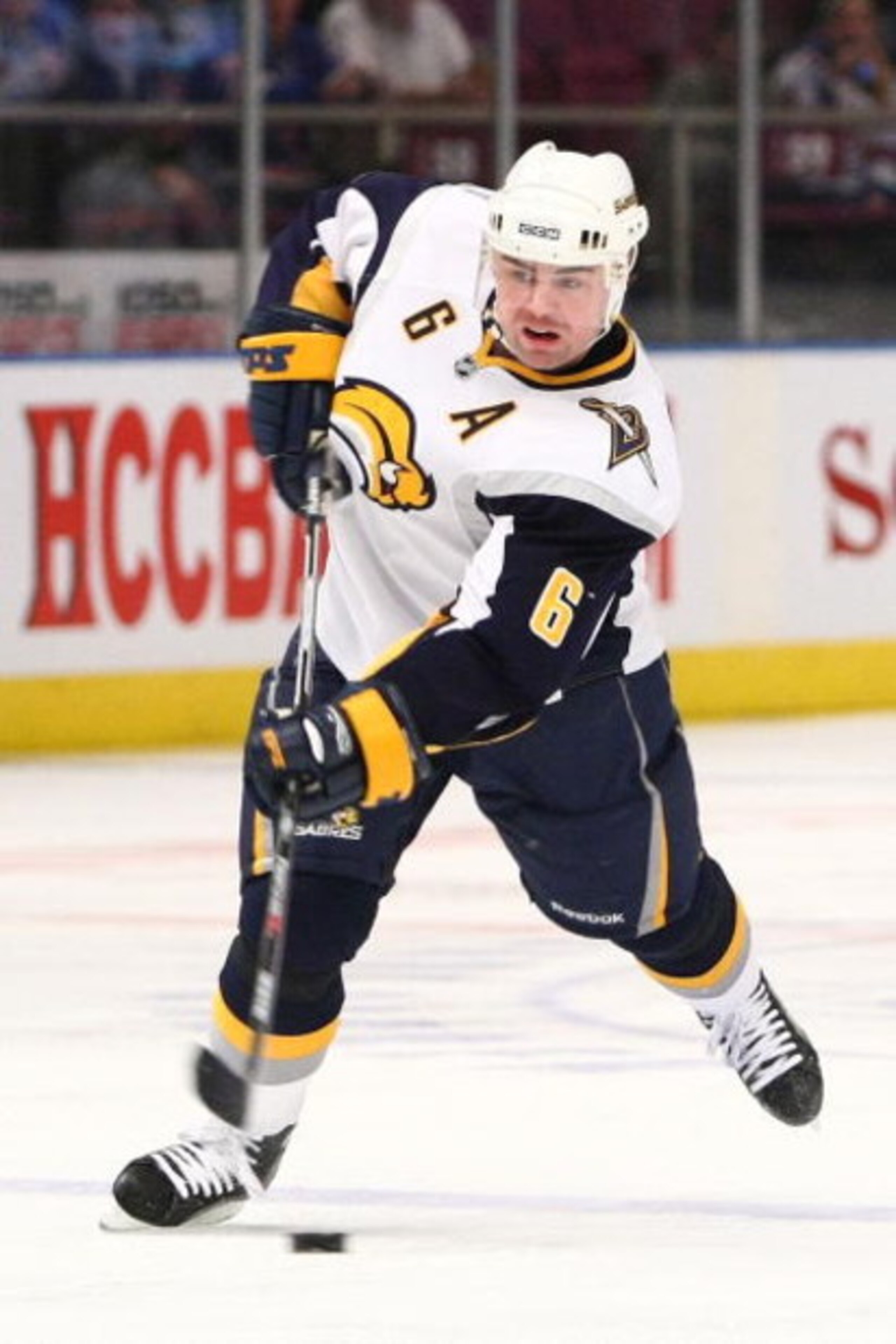 NEW YORK - MARCH 21:  Jaroslav Spacek #6 of the Buffalo Sabres skates against the New York Rangers during the game on March 21, 2009 at Madison Square Garden in New York City.  (Photo by Chris McGrath/Getty Images)