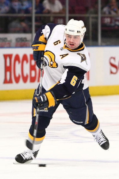 NEW YORK - MARCH 21:  Jaroslav Spacek #6 of the Buffalo Sabres skates against the New York Rangers during the game on March 21, 2009 at Madison Square Garden in New York City.  (Photo by Chris McGrath/Getty Images)