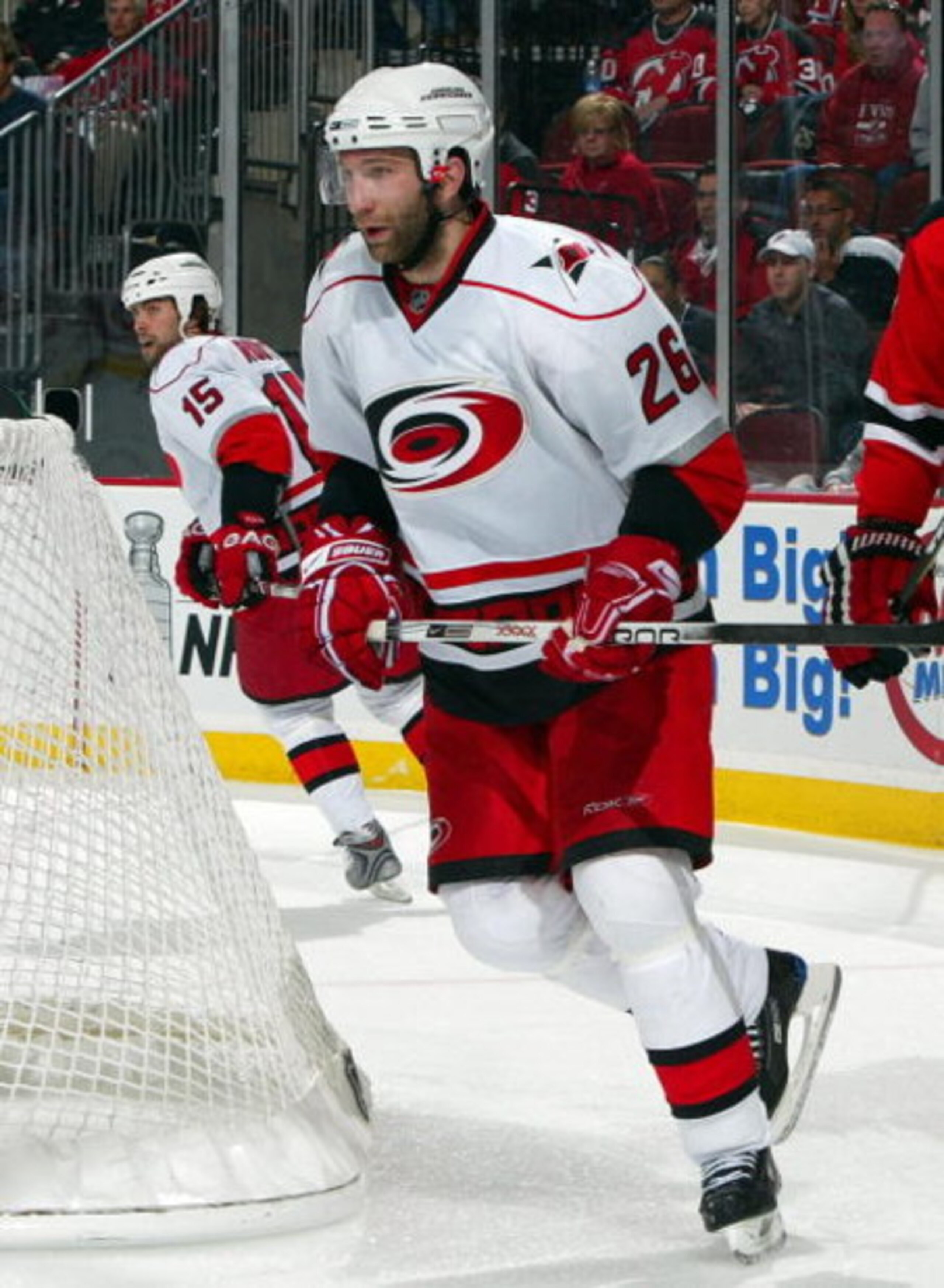 NEWARK, NJ - APRIL 23:  Erik Cole #26 of the Carolina Hurricanes skates against the New Jersey Devils during Game Five of the Eastern Conference Quarterfinal Round of the 2009 NHL Stanley Cup Playoffs on April 23, 2009 at the Prudential Center in Newark, 