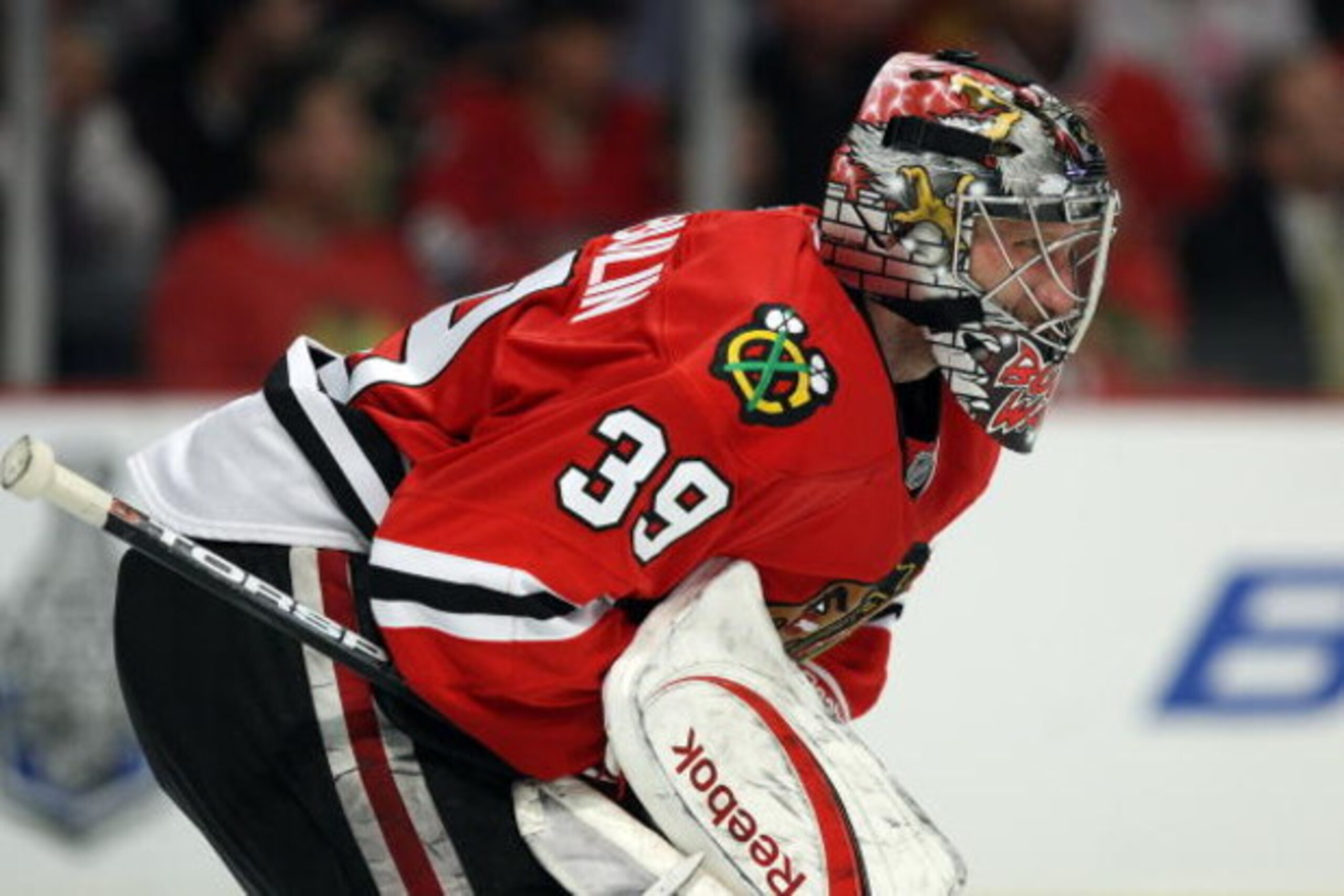 CHICAGO - MAY 22:  Goalie Nikolai Khabibulin #39 of the Chicago Blackhawks tends goal against the Detroit Red Wings during Game Three of the Western Conference Championship Round of the 2009 Stanley Cup Playoffs on May 22, 2009 at the United Center in Chi