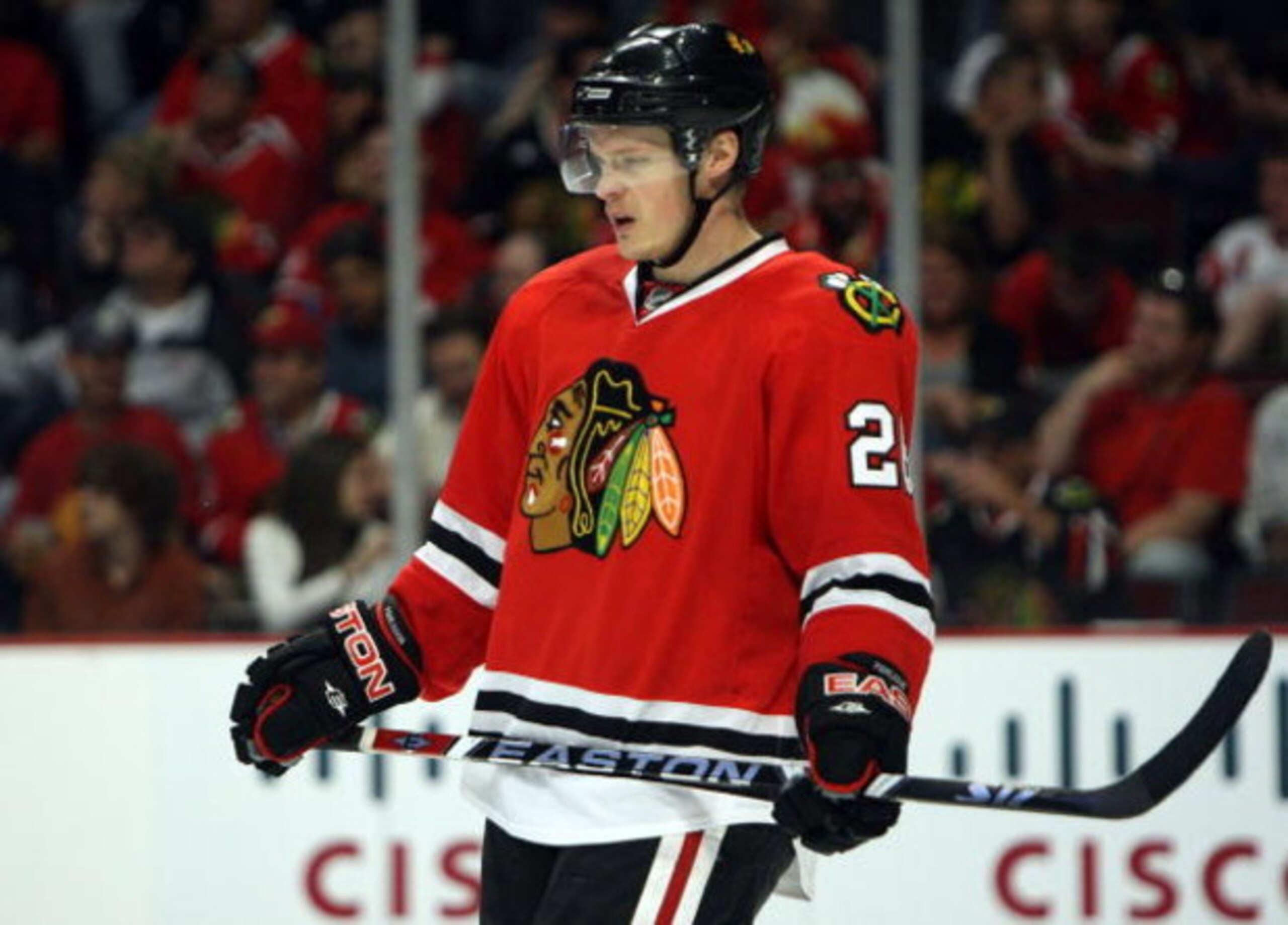CHICAGO - MAY 24:  Samuel Pahlsson #26 of the Chicago Blackhawks looks on dejected against the Detroit Red Wings during Game Four of the Western Conference Championship Round of the 2009 Stanley Cup Playoffs on May 24, 2009 at the United Center in Chicago