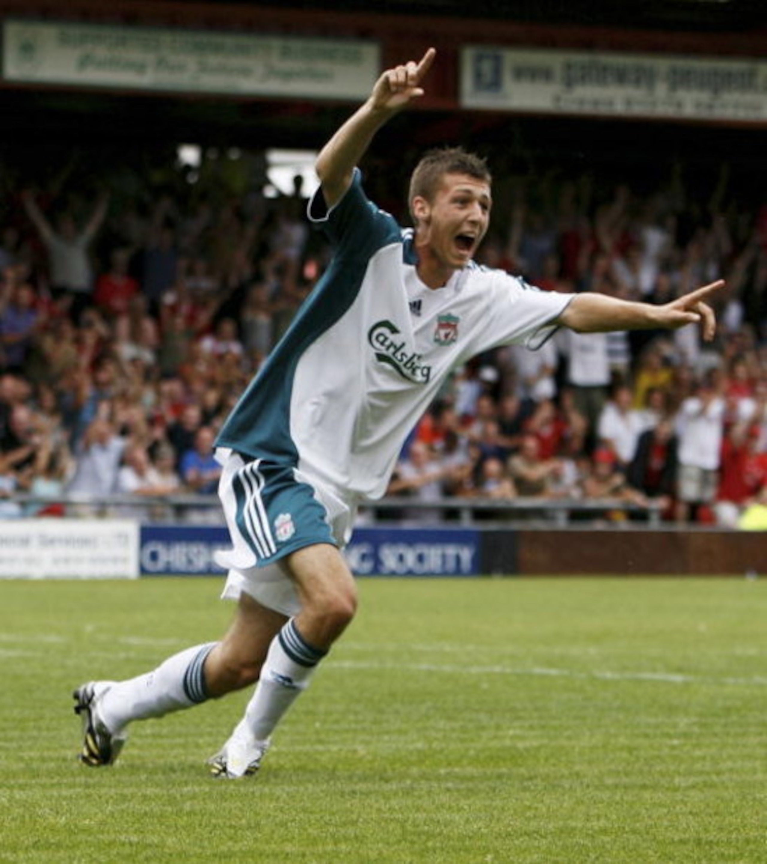CREWE, ENGLAND - JULY 22: Craig Lindfield of Liverpool celebrates his goal during the pre-season friendly match between Crewe Alexander and Liverpool at the Alexander Stadium on July 22, 2006 in Crewe, England. (Photo by Matthew Lewis/Getty Images)