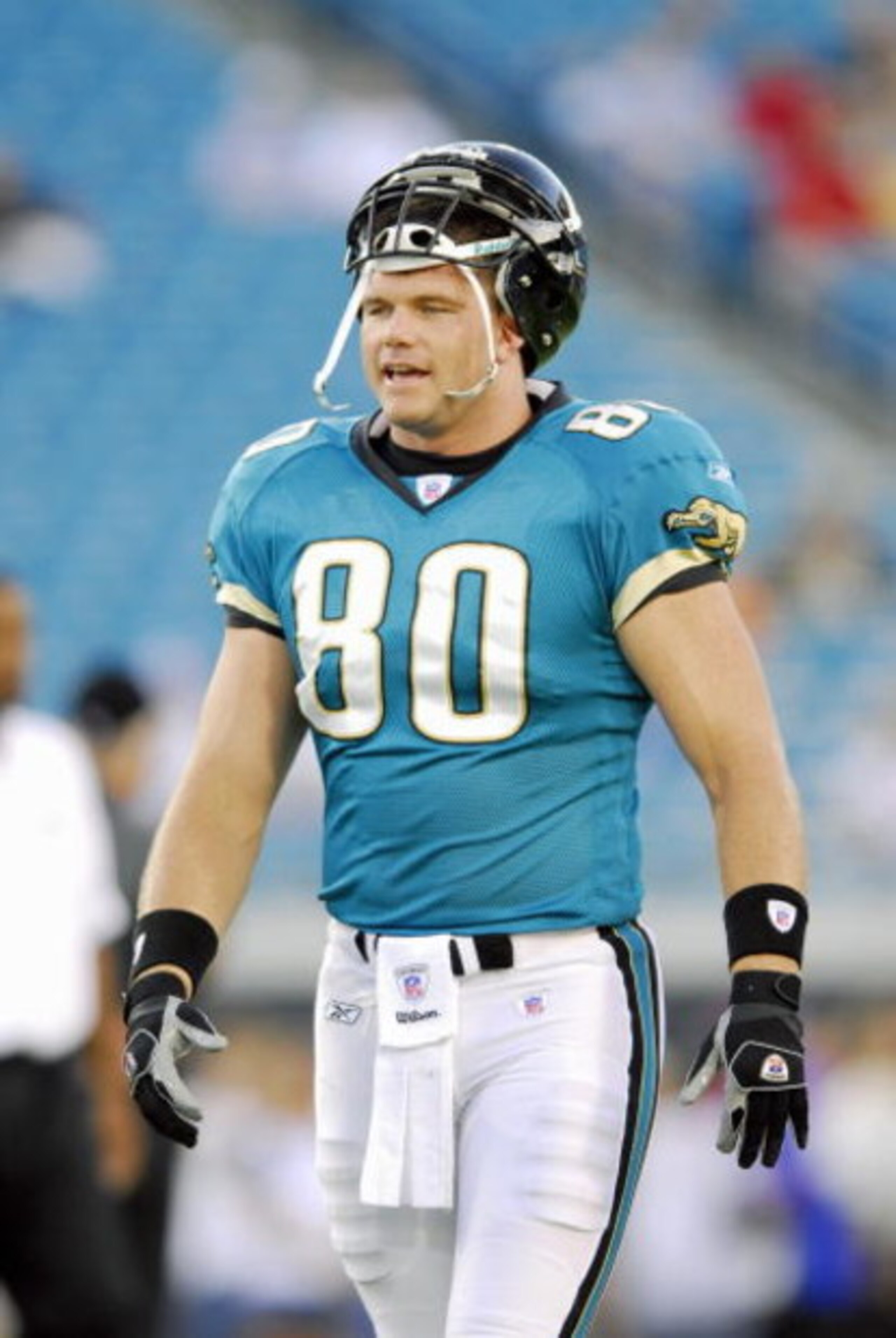 JACKSONVILLE, FL - AUGUST 26:   Tight End Kyle Brady #80 of the Jacksonville Jaguars looks on the field during practice before taking on the Tampa Bay Buccaneers during an NFL preseason game on August 26, 2006, at Alltel Stadium in Jacksonville, Florida. 