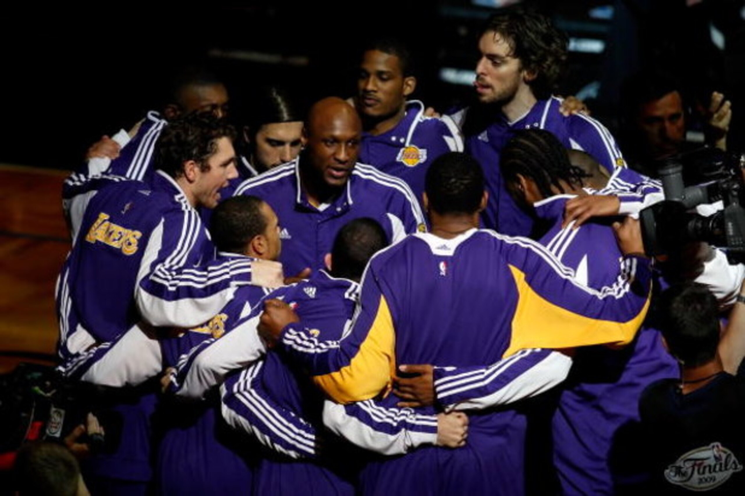 ORLANDO, FL - JUNE 14:  The Los Angeles Lakers led by Lamar Odom #7 in the middle gather before taking on the Orlando Magic in Game Five of the 2009 NBA Finals on June 14, 2009 at Amway Arena in Orlando, Florida.  NOTE TO USER:  User expressly acknowledge