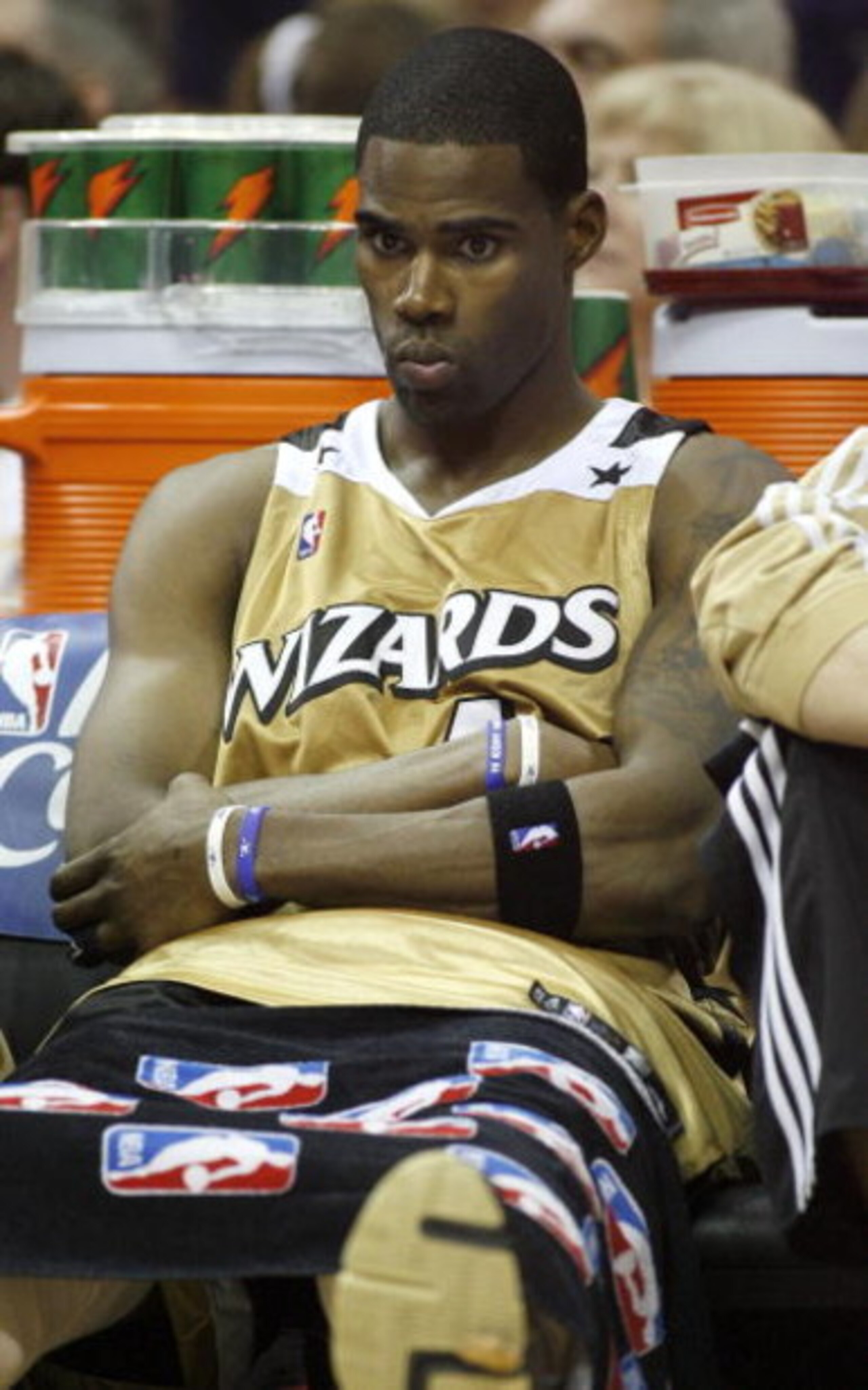 CLEVELAND - APRIL 21:  Antawn Jamison #4 of the Washington Wizards looks on from the bench late in the game while playing the Cleveland Cavaliers in Game Two of the Eastern Conference Quarterfinals during the 2008 NBA Playoffs at Quicken Loans Arena April