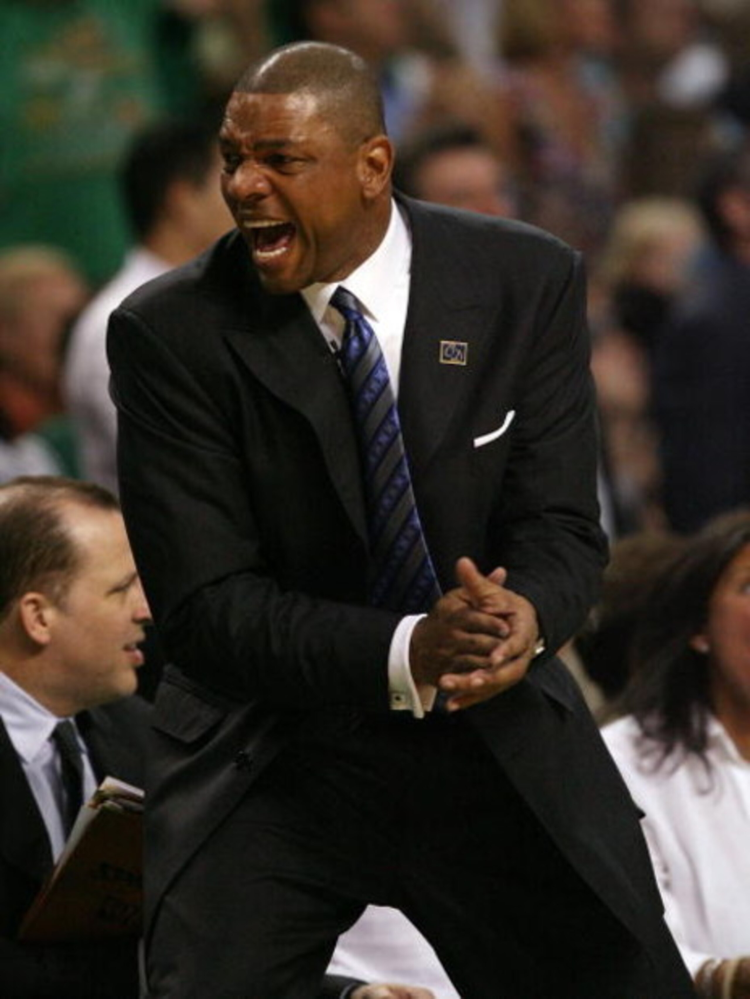 BOSTON - MAY 12:  Head coach Doc Rivers of the Boston Celtics celebrates the win over the Orlando Magic in Game Five of the Eastern Conference Semifinals during the 2009 NBA Playoffs at TD Banknorth Garden May 12, 2009 in Boston, Massachusetts. The Celtic