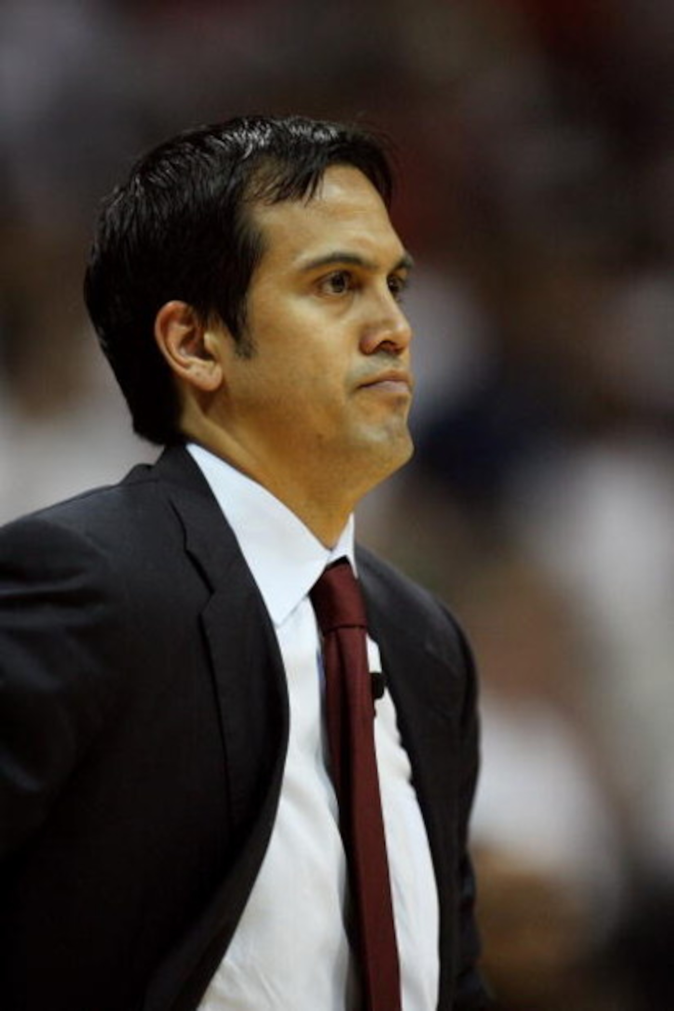 ATLANTA - MAY 03:  Head coach Erik Spoelstra of the Miami Heat watches his team late in the game against the Atlanta Hawks during Game Seven of the Eastern Conference Quarterfinals at Philips Arena on May 3, 2009 in Atlanta, Georgia. The Hawks defeated th