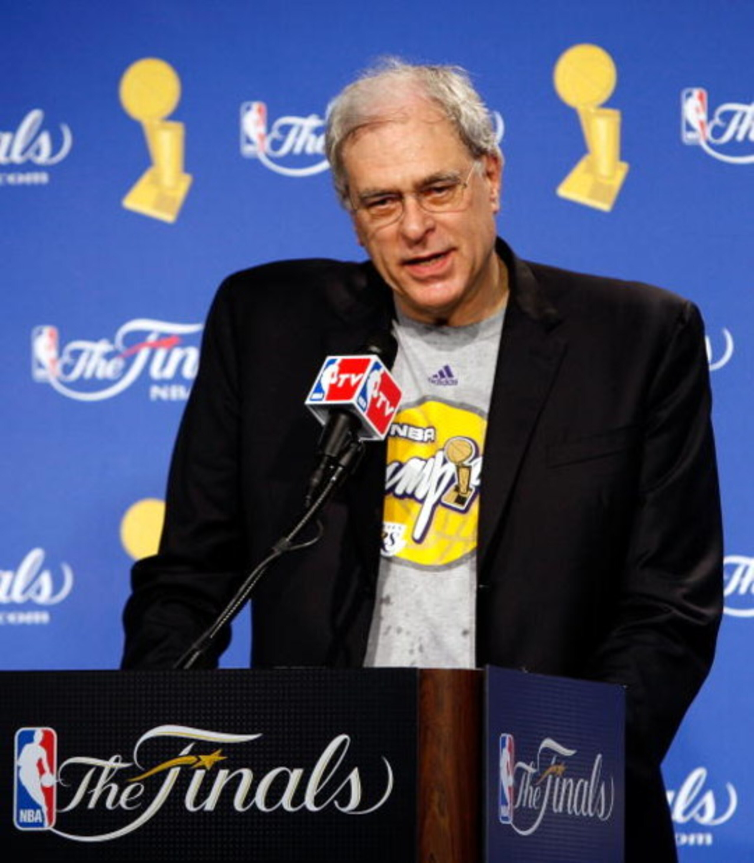 ORLANDO, FL - JUNE 14:  Head coach Phil Jackson of the Los Angeles Lakers answers questions during the post game news conference after the Lakers defeated the Orlando Magic 99-86 to win the NBA Championship in Game Five of the 2009 NBA Finals on June 14, 