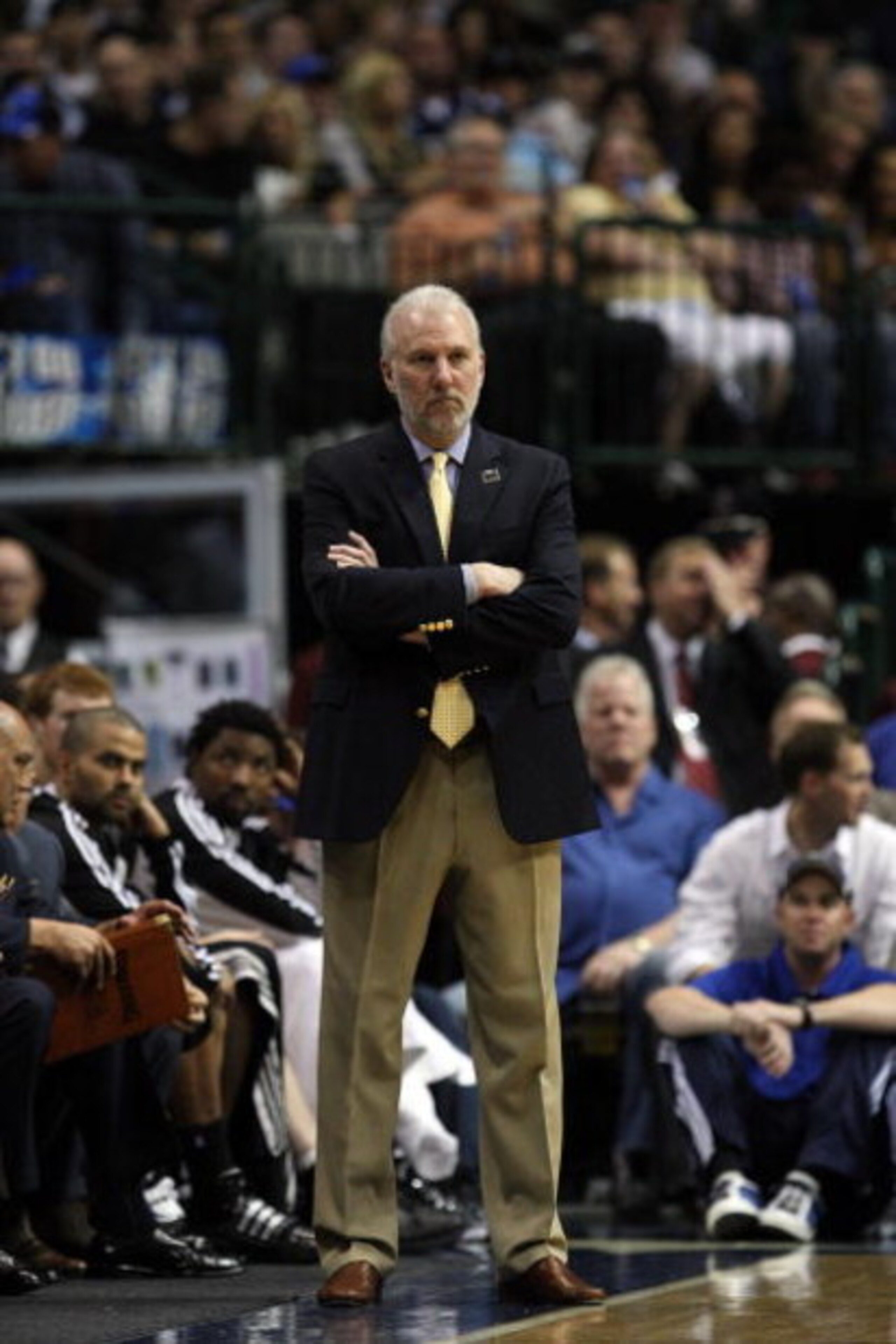 DALLAS - APRIL 23:  Head coach Gregg Popovich of the San Antonio Spurs during play against the Dallas Mavericks in Game Three of the Western Conference Quarterfinals during the 2009 NBA Playoffs at American Airlines Center on April 23, 2009 in San Antonio