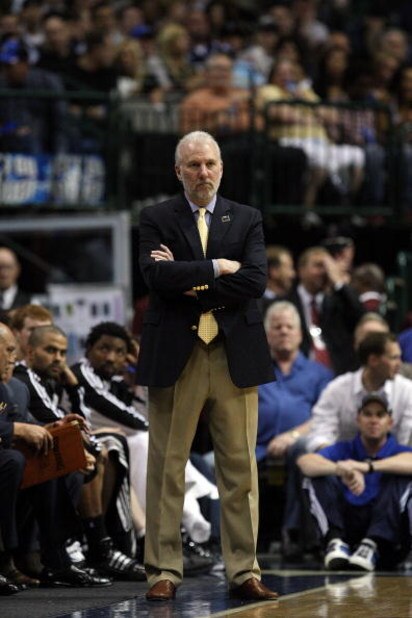 DALLAS - APRIL 23:  Head coach Gregg Popovich of the San Antonio Spurs during play against the Dallas Mavericks in Game Three of the Western Conference Quarterfinals during the 2009 NBA Playoffs at American Airlines Center on April 23, 2009 in San Antonio