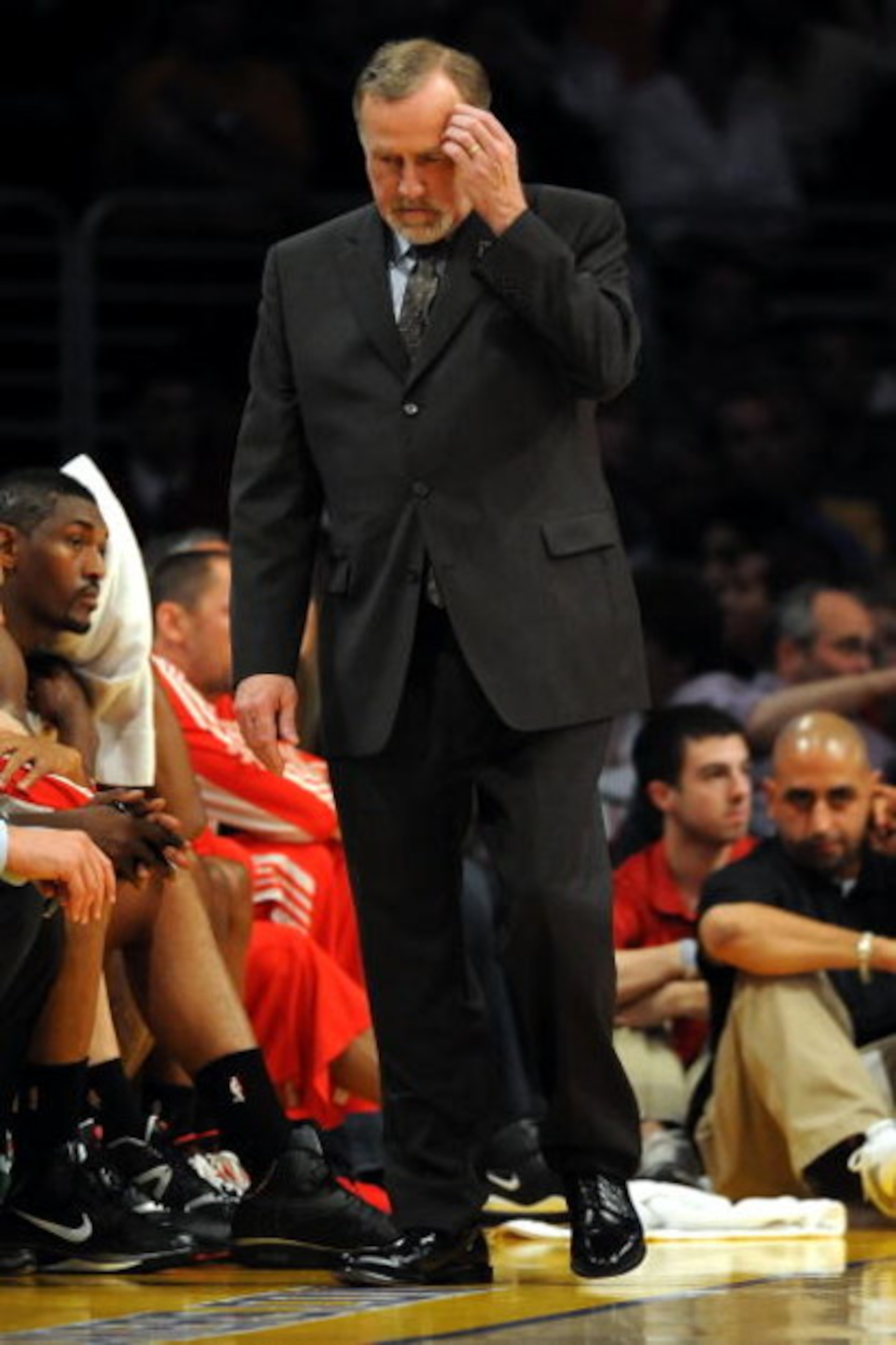 LOS ANGELES, CA - MAY 06:  Head coach Rick Adelman of the Houston Rockets looks down in the second half against the Los Angeles Lakers in Game Two of the Western Conference Semifinals during the 2009 NBA Playoffs at Staples Center on May 6, 2009 in Los An