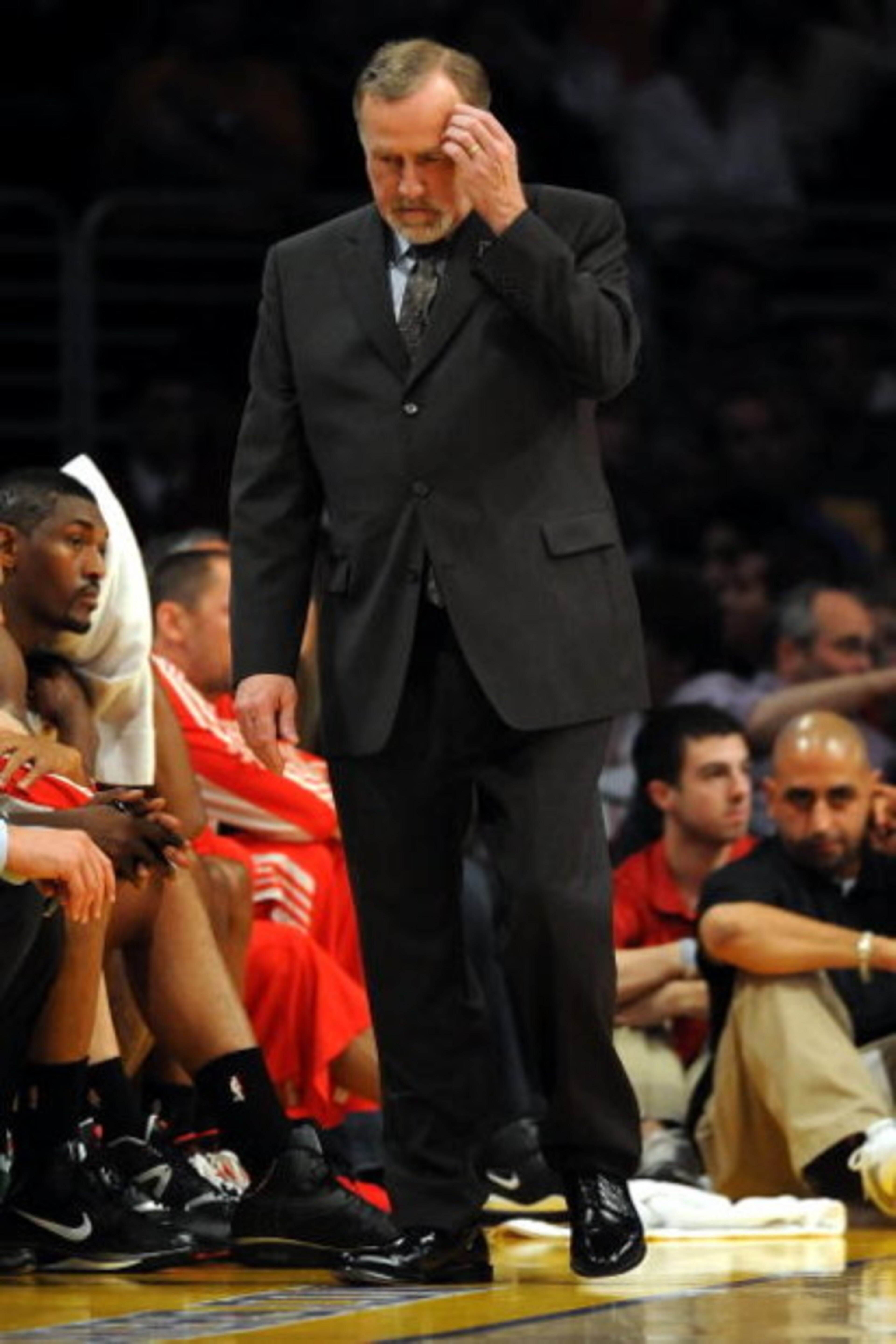 LOS ANGELES, CA - MAY 06:  Head coach Rick Adelman of the Houston Rockets looks down in the second half against the Los Angeles Lakers in Game Two of the Western Conference Semifinals during the 2009 NBA Playoffs at Staples Center on May 6, 2009 in Los An