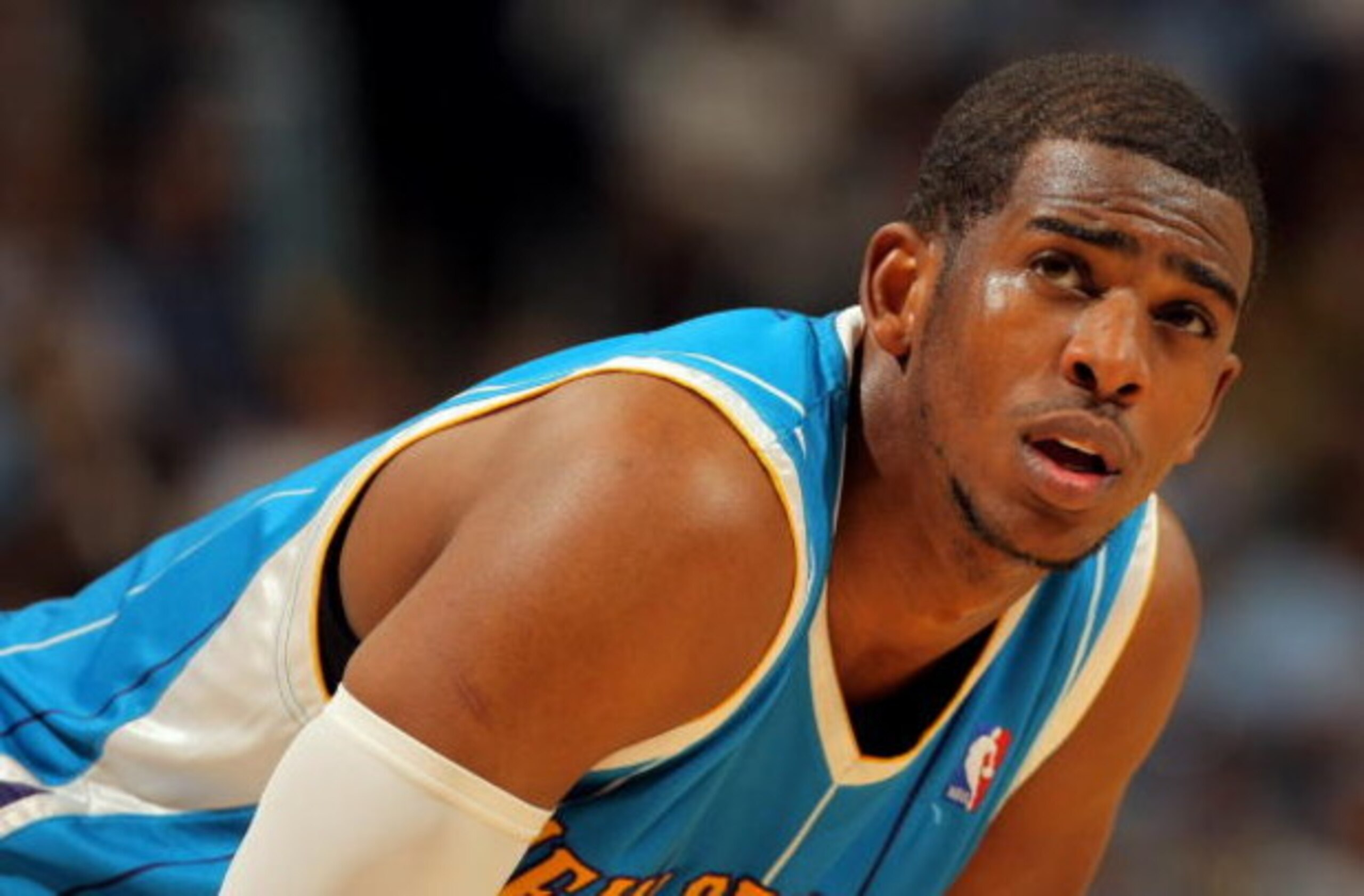 DENVER - APRIL 29:  Chris Paul #3 of the New Orleans Hornets looks on during a break in the action against the Denver Nuggets in Game Five of the Western Conference Quarterfinals during the 2009 NBA Playoffs at Pepsi Center on April 29, 2009 in Denver, Co