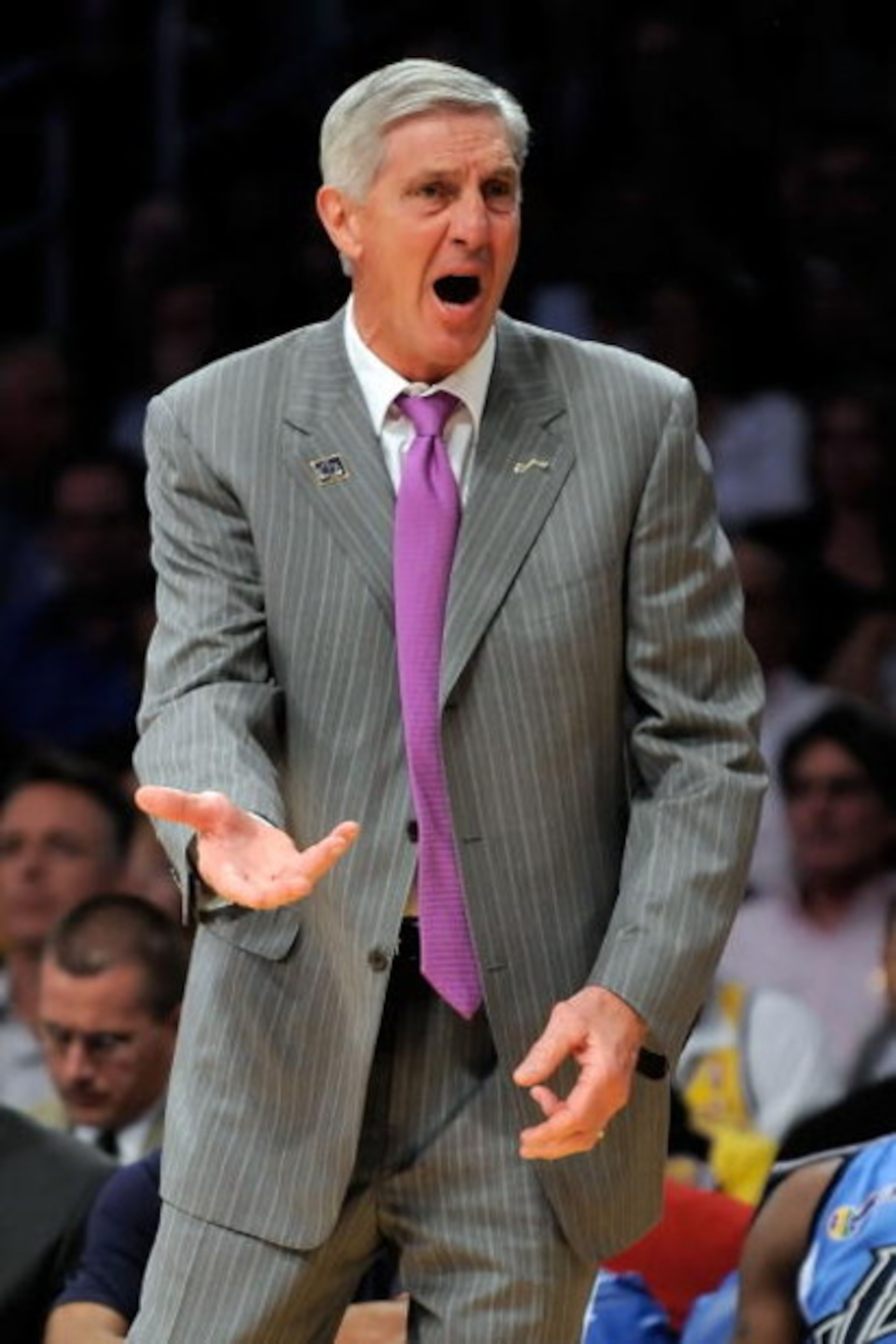 LOS ANGELES, CA - APRIL 27:  Head coach Jerry Sloan of the Utah Jazz reacts in the first half against the Los Angeles Lakers in Game Five of the Western Conference Quarterfinals during the 2009 NBA Playoffs at Staples Center on April 27, 2009 in Los Angel