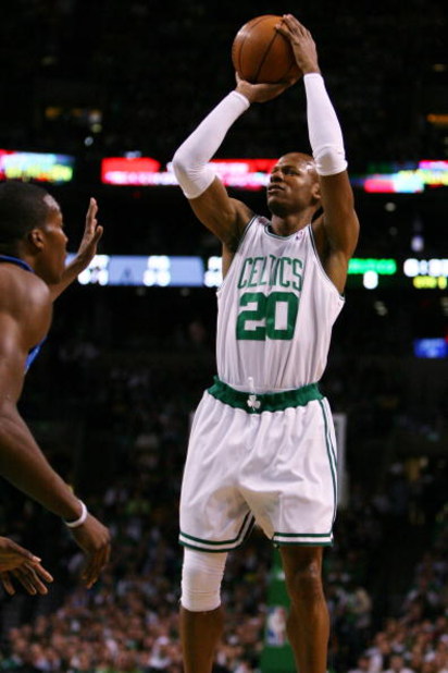 BOSTON - MAY 12:  Ray Allen #20 of the Boston Celtics takes a shot in the first quarter against the Orlando Magic in Game Five of the Eastern Conference Semifinals during the 2009 NBA Playoffs at TD Banknorth Garden May 12, 2009 in Boston, Massachusetts. 