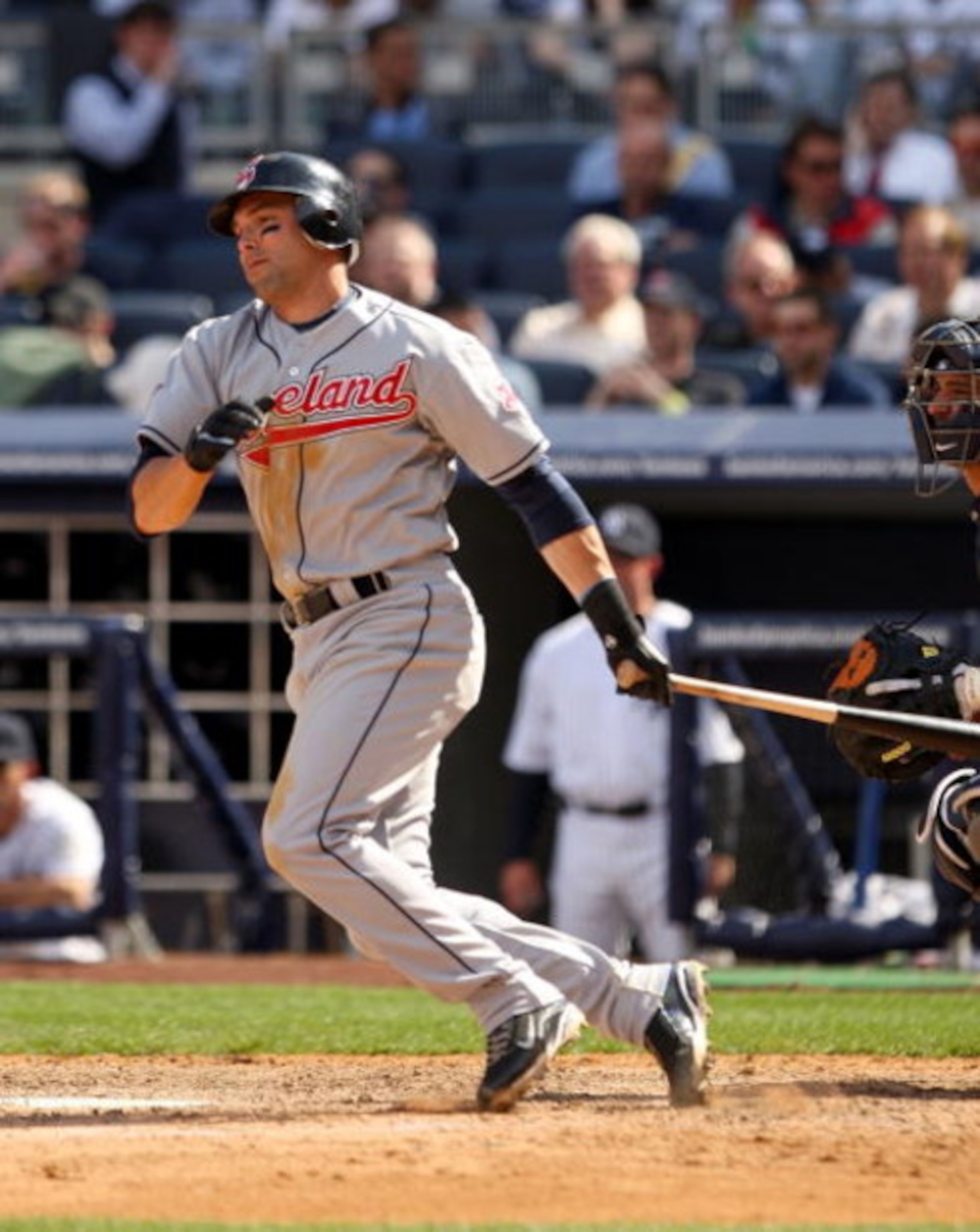 NEW YORK - APRIL 17:  Mark DeRosa #7 of the Cleveland Indians bats against the New York Yankees at Yankee Stadium on April 17, 2009 in the Bronx borough of New York City.  (Photo by Ezra Shaw/Getty Images)