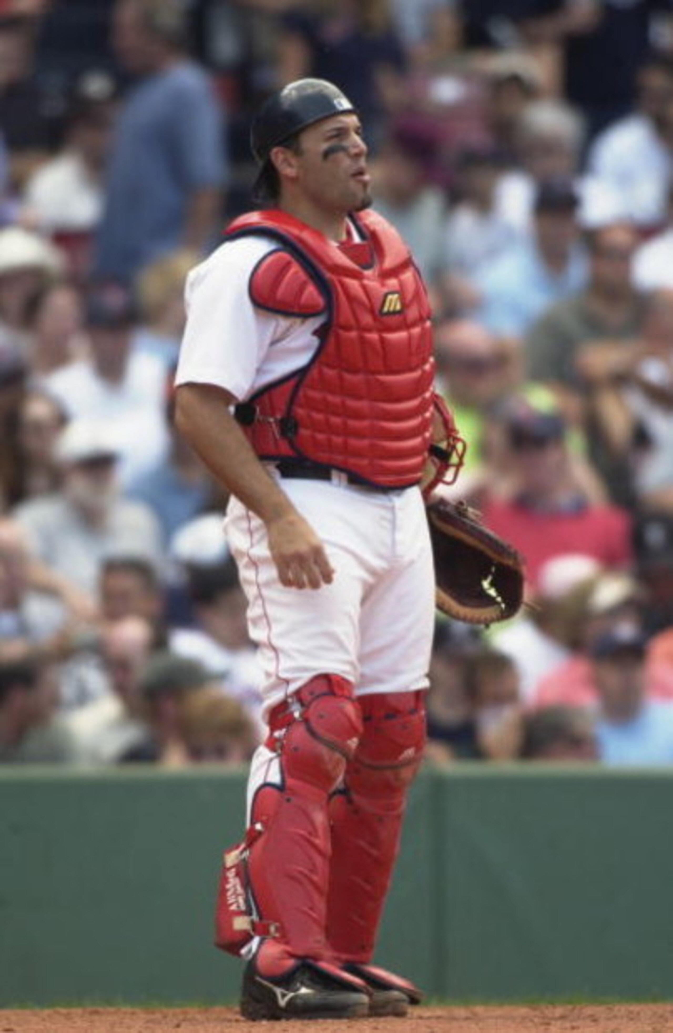 BOSTON - JUNE 24:  Doug Mirabelli #28 of the Boston Red Sox looks on during the game against the Minnesota Twins on June 24, 2004 at Fenway Park in Boston, Massachusetts. The Twins won the game 4 -3 in the tenth inning. (Photo by Darren McCollester/Getty 