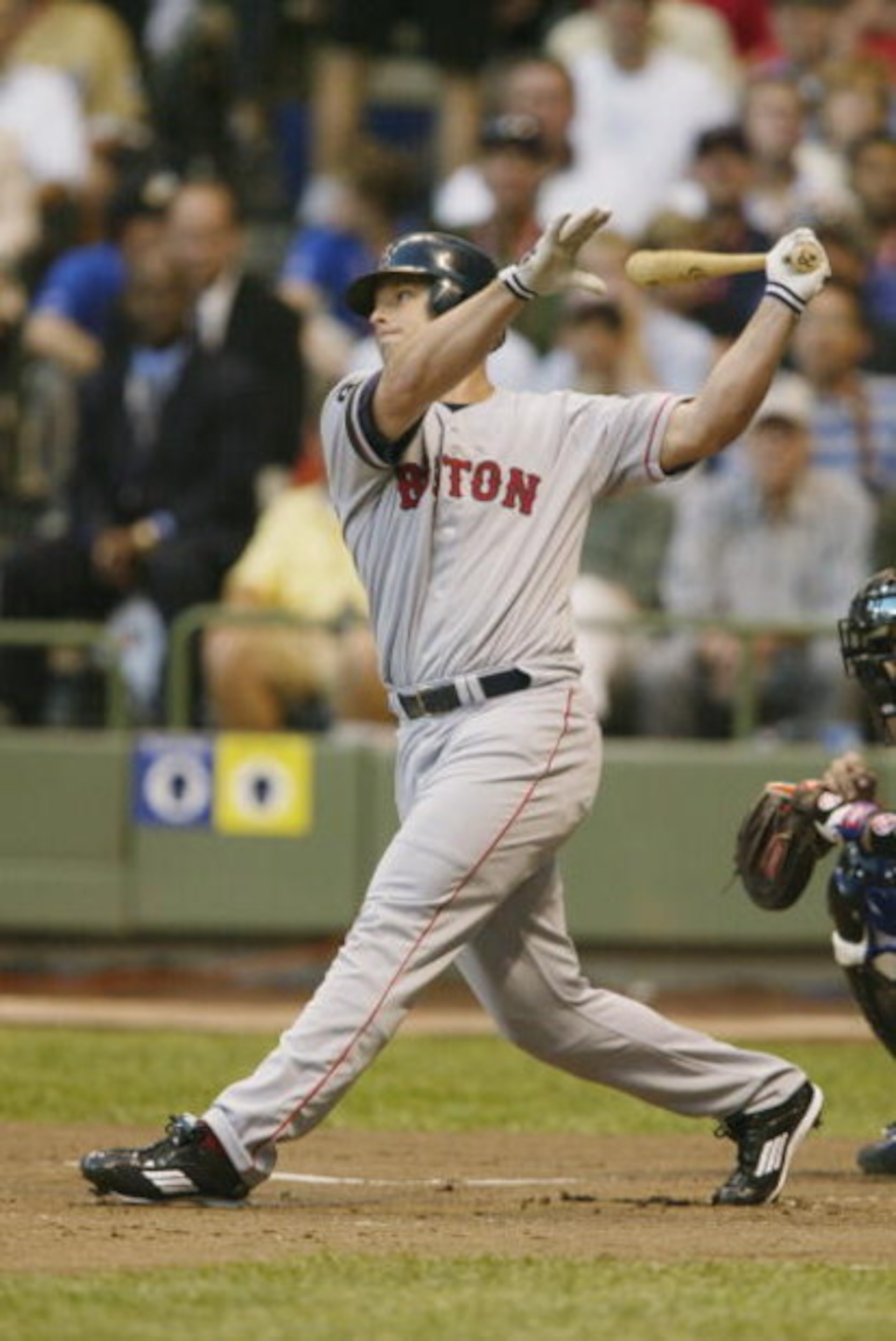 MILWAUKEE, WI - JULY 9:  American League All Star third baseman Shea Hillenbrand #29 of the Boston Red Sox swings at the pitch during the MLB All Star Game July 9, 2002 at Miller Park in Milwaukee, Wisconsin.  The game ended in a 7-7 tie.  (Photo By Andy 