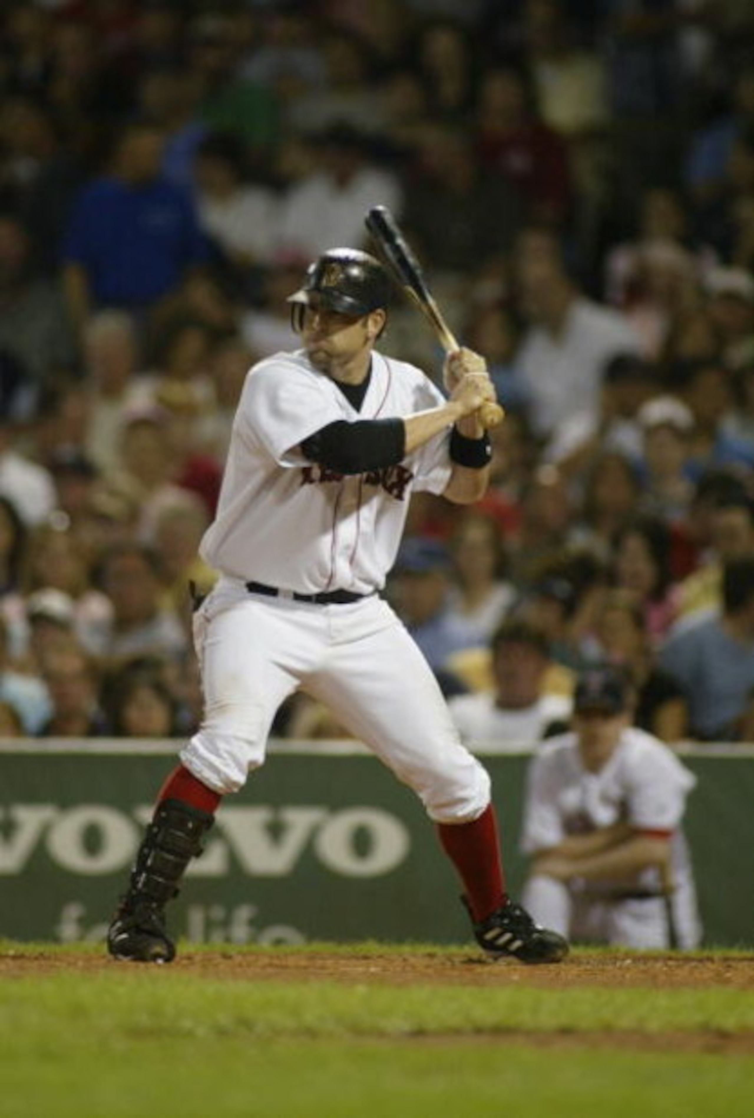 BOSTON, MA - SEPTEMBER 3:  Doug Mientkiewicz #13 of Boston Red Sox bats against the Texas Rangers on September 3, 2004 at Fenway Park in Boston, Massachusetts.(Photo by Rick Stewart/Getty Images)