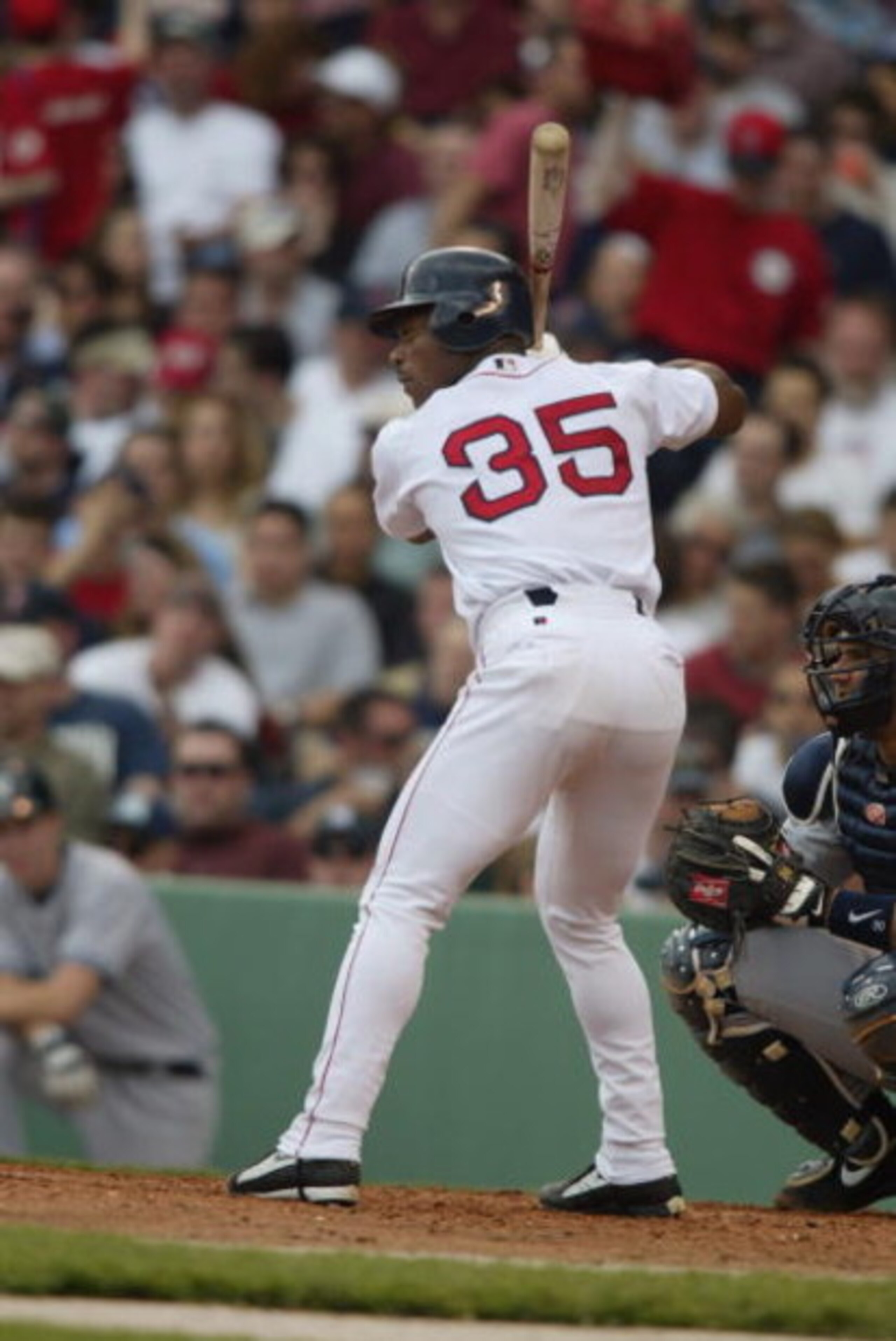 BOSTON - APRIL 13:  Left fielder Rickey Henderson #35 of the Boston Red Sox waits for the pitch during the MLB game against New York Yankees at Fenway Park in Boston, Massachusetts on April 13, 2002. The Red Sox defeated the Yankees 7-6. (Photo by Al Bell