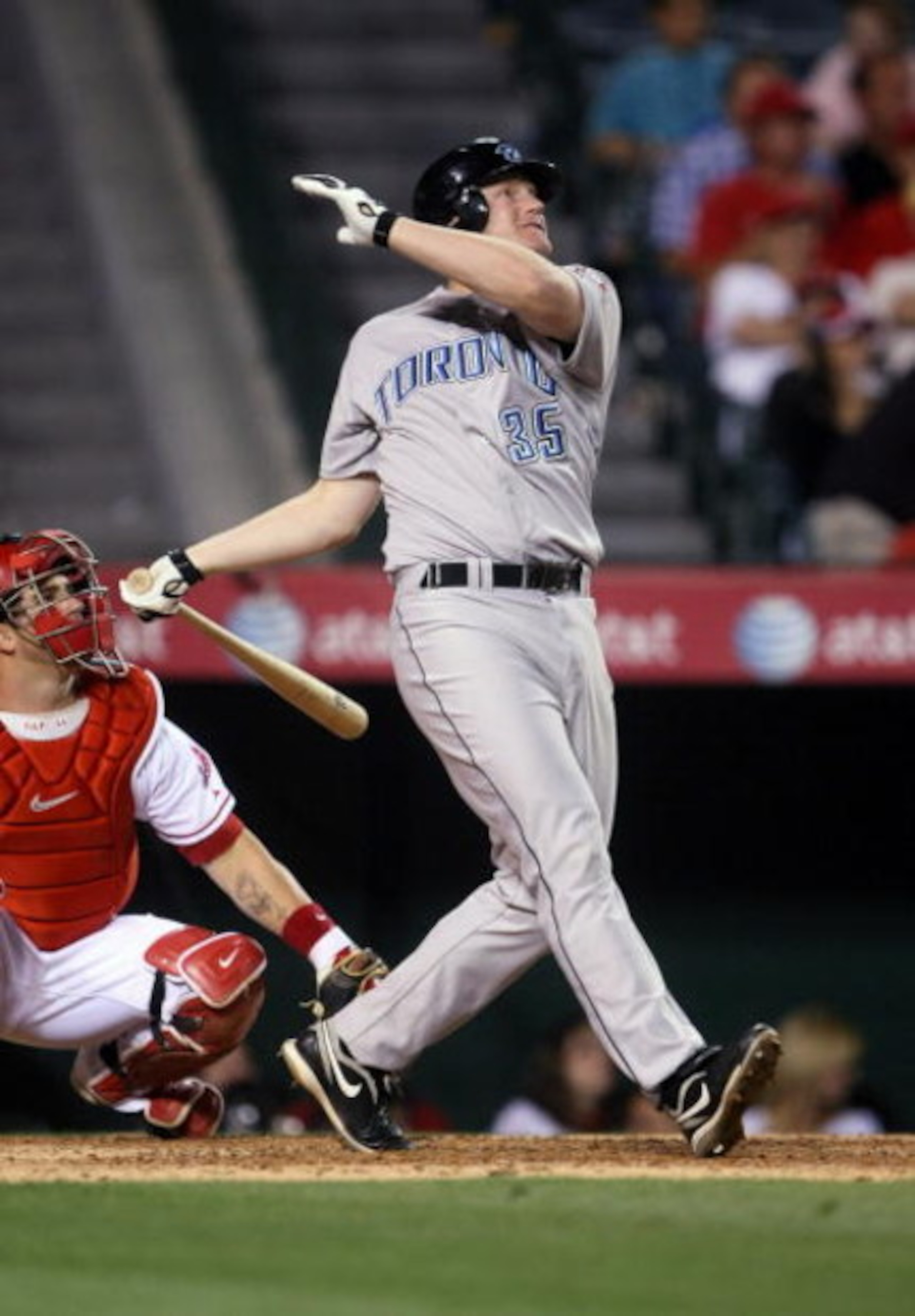 ANAHEIM, CA - MAY 6:  Lyle Overbay #35 of the Toronto Blue Jays hits a three-run home run in th eighth inning against the Los Angeles Angels of Anaheim at Angel Stadium May 6, 2009 in Anaheim, California.  (Photo by Stephen Dunn/Getty Images)